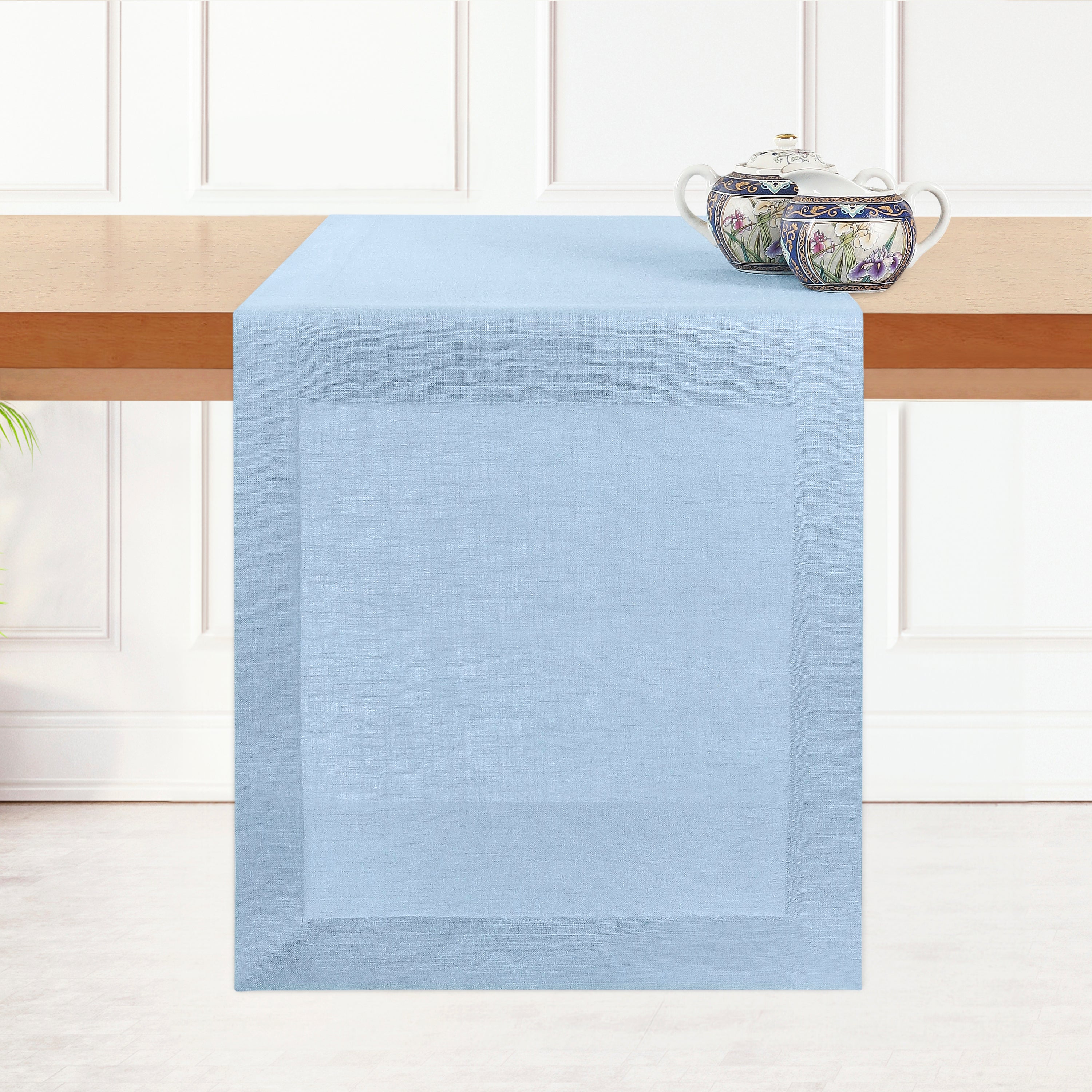 Powder Blue Linen Table Runner, Hemmed