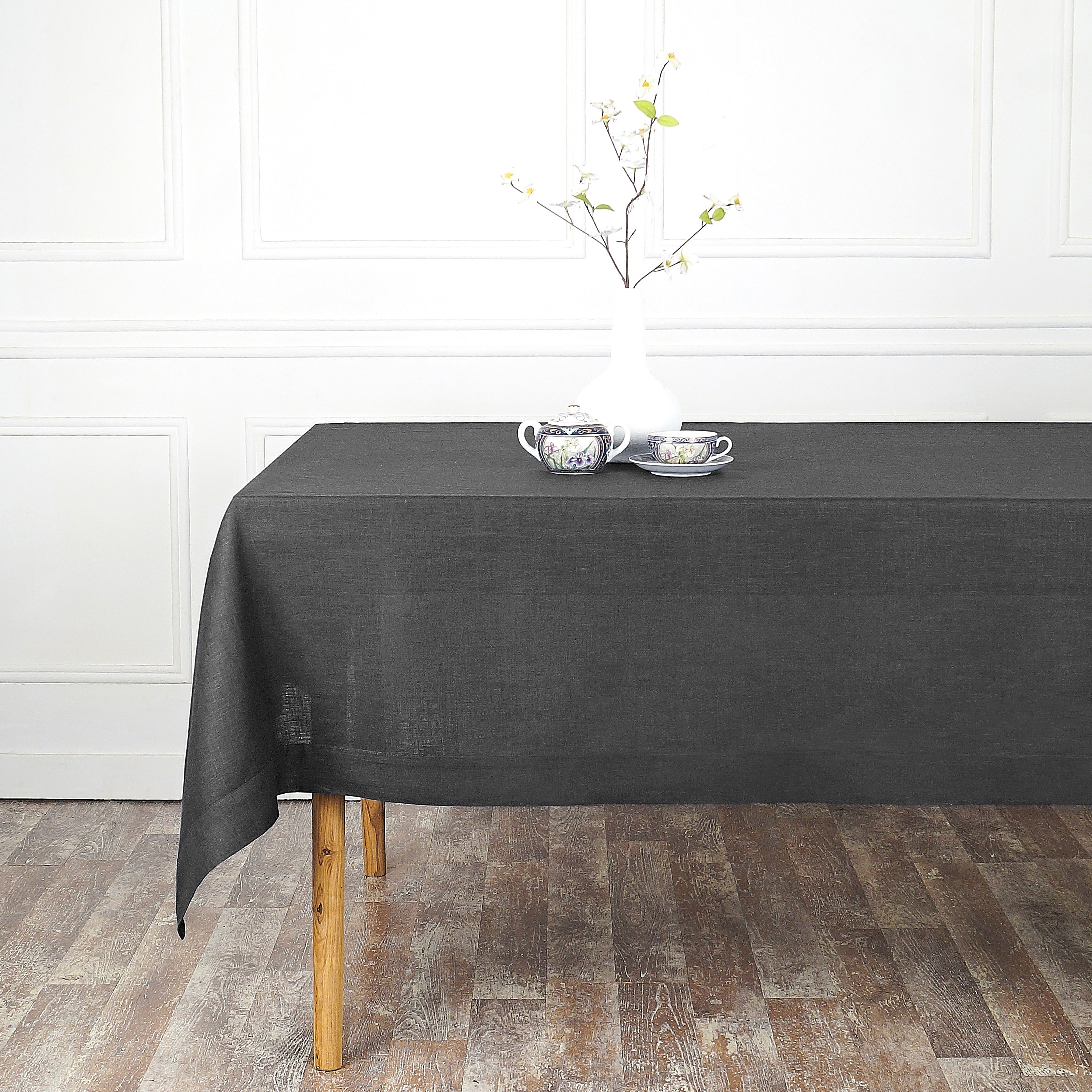 Charcoal  Grey Linen Tablecloth, Hemmed