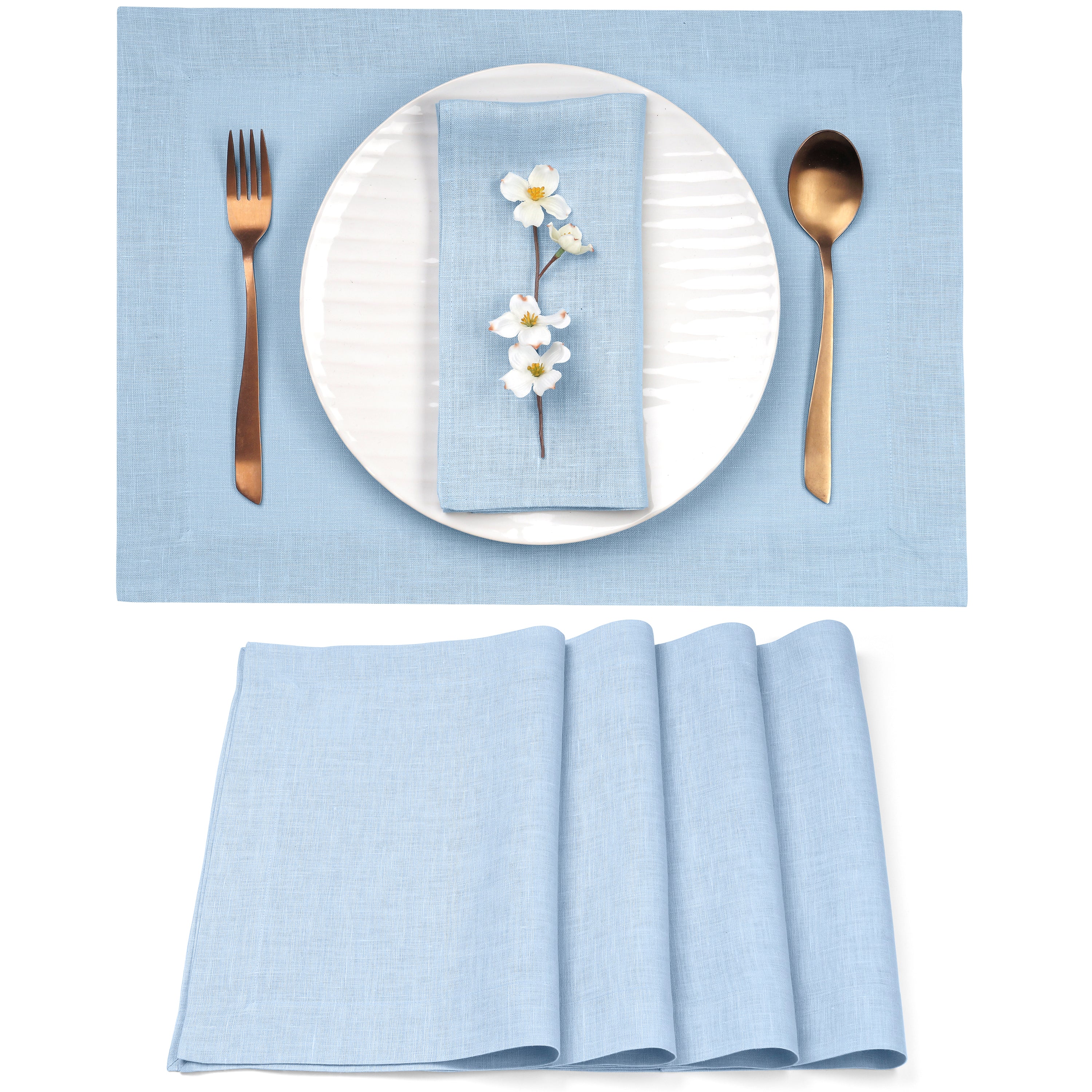 Powder Blue Linen Placemats, Hemmed, 14 x 19 inch, 4 pcs