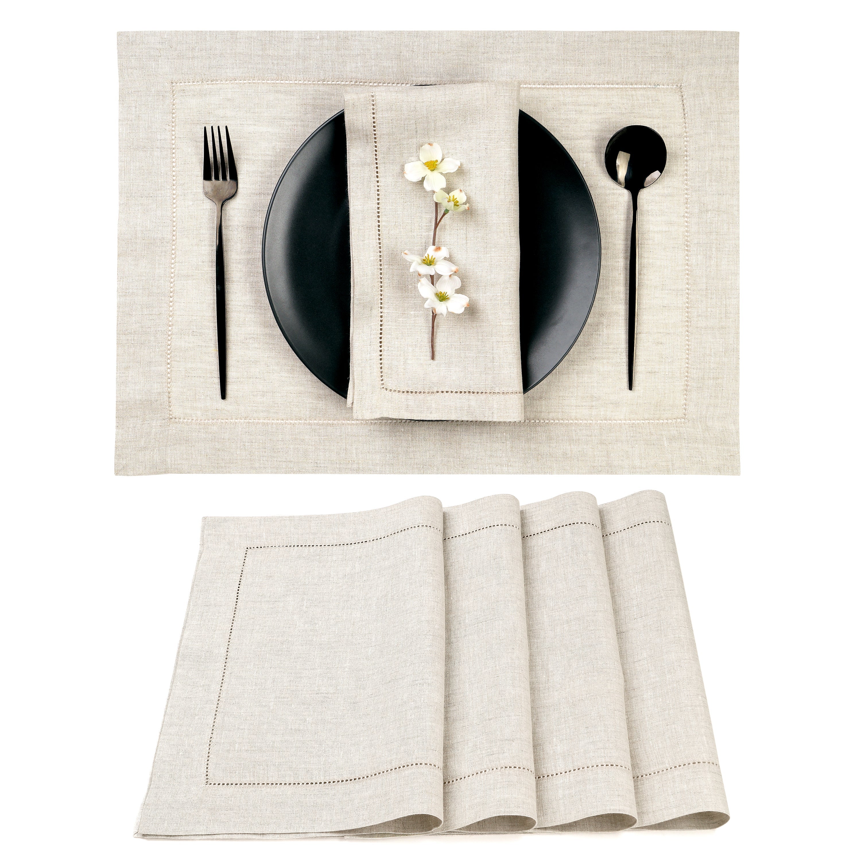 Light Natural Linen Placemats, Hemstitch, 14 x 19 inch, 4 pcs