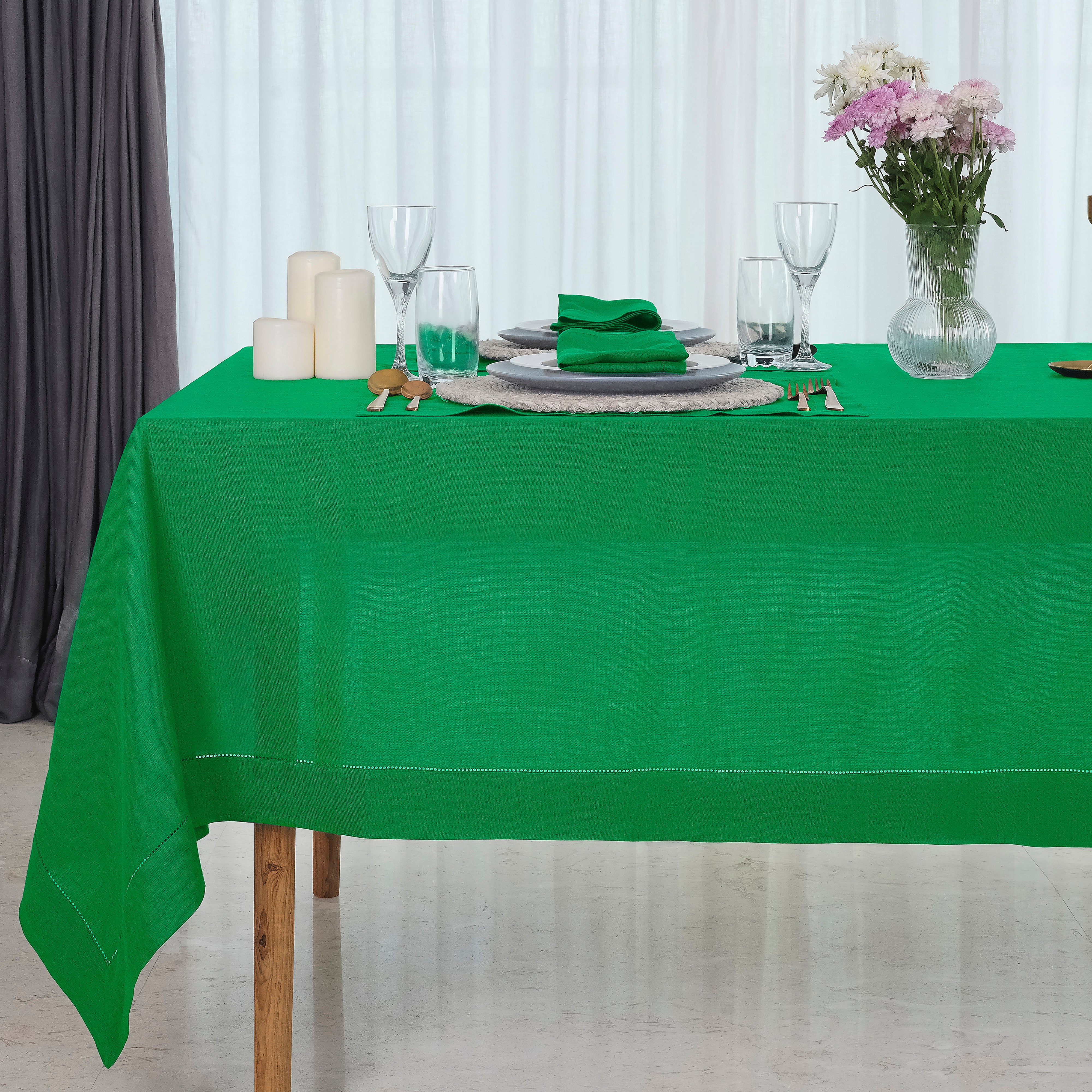 Kelly Green Linen Tablecloth, Hemstitch