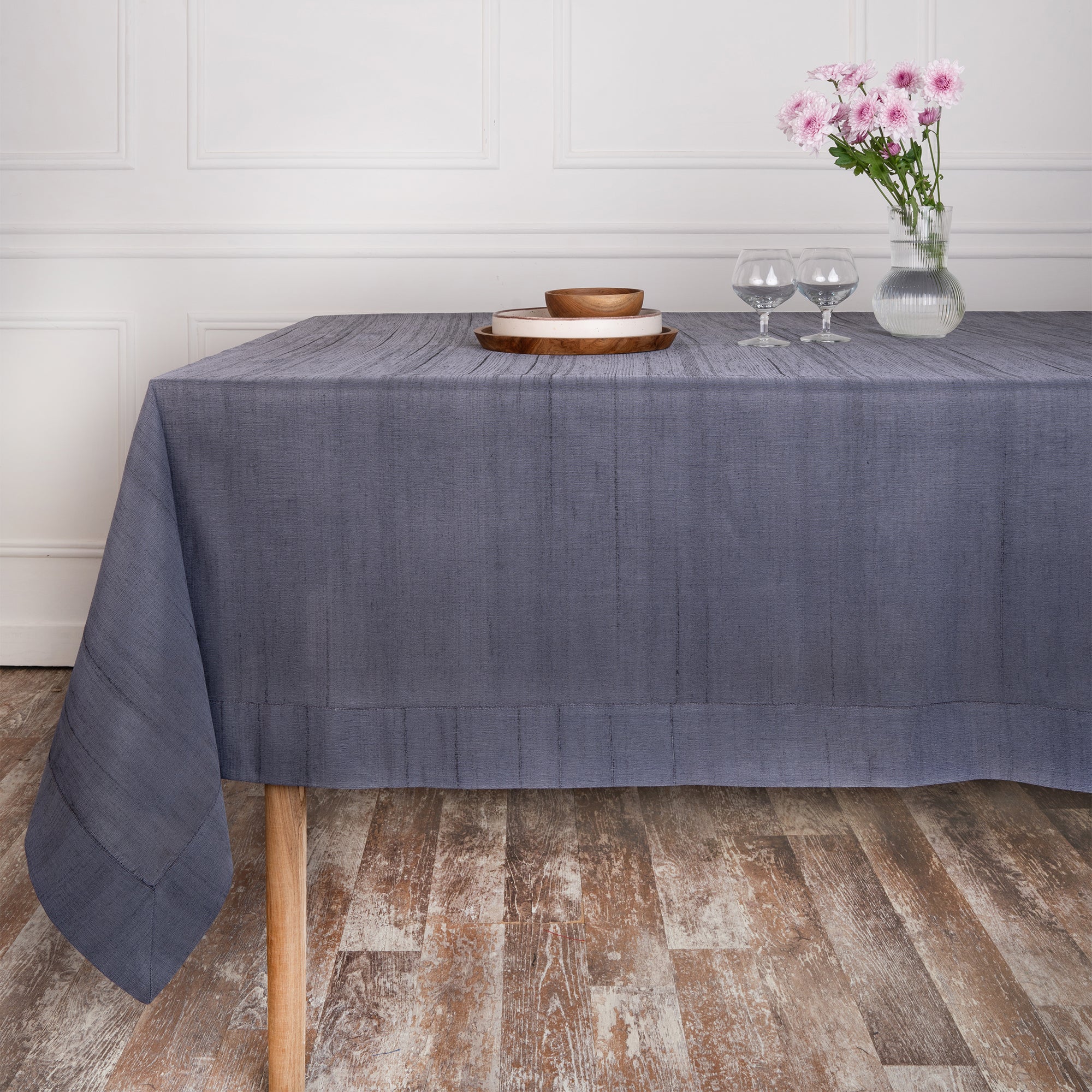 Charcoal Grey Vegan Silk Tablecloth, Mitered Corner