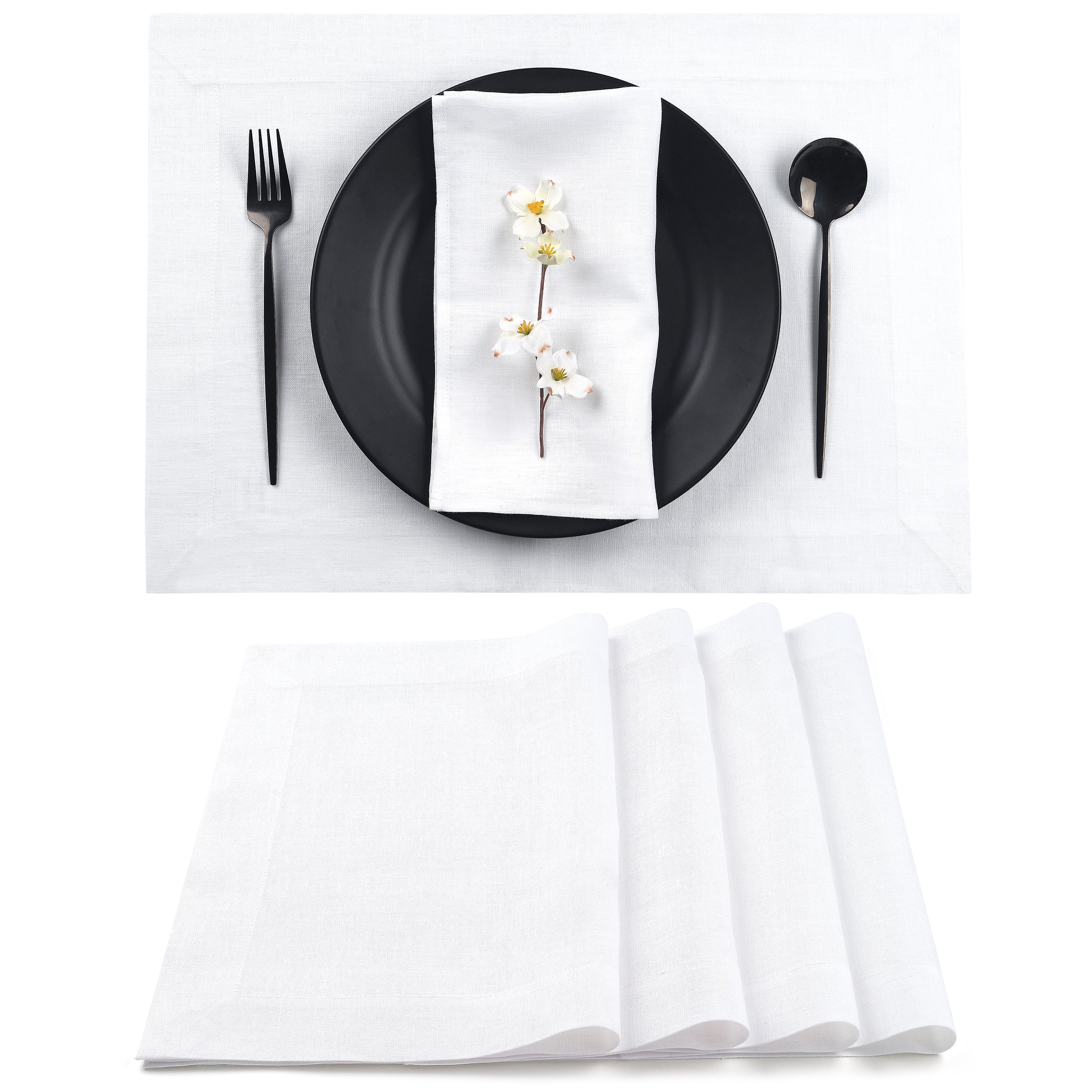 White Linen Placemats, Hemmed, 14 x 19 inch, 4 pcs