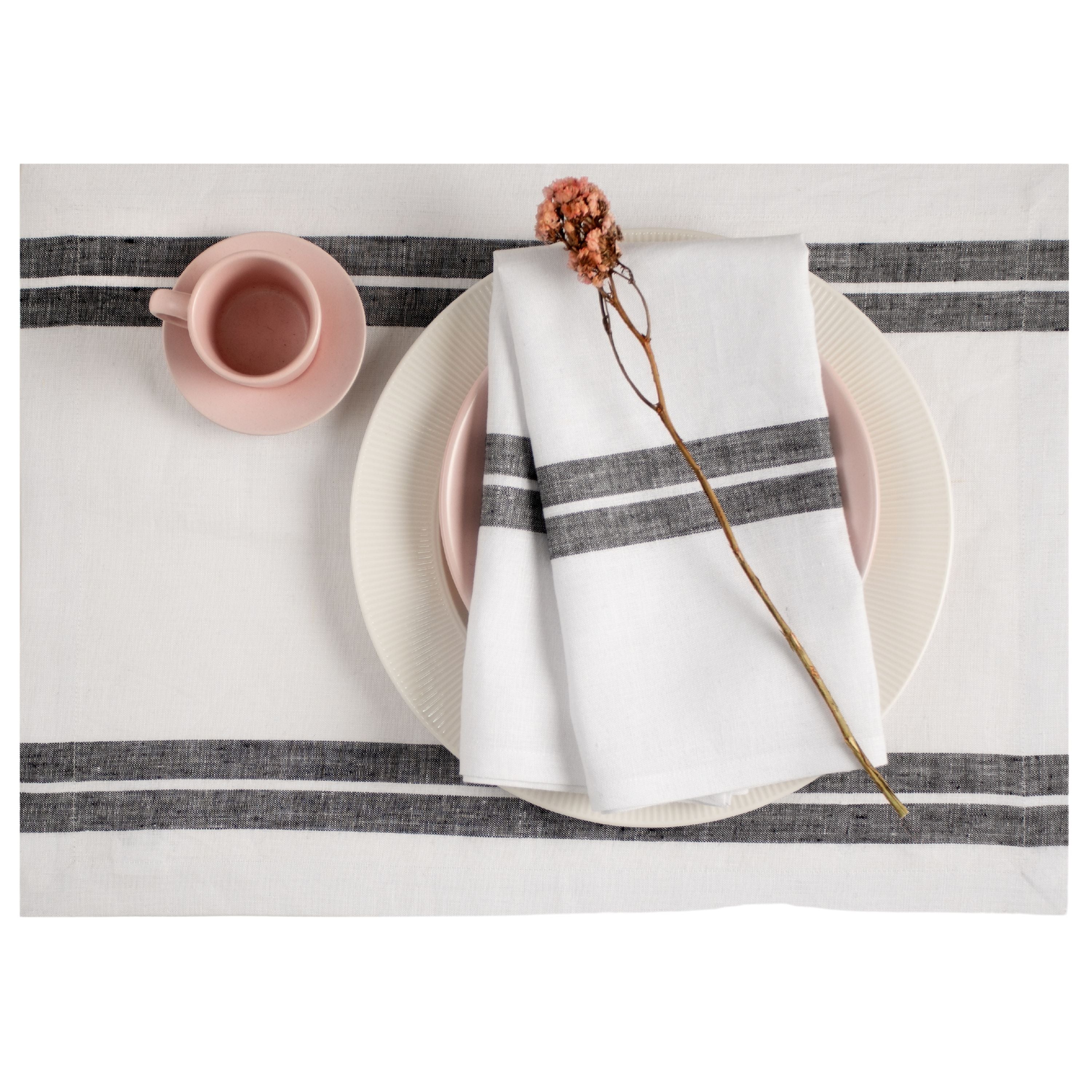 White and Black Linen Placemats, French Stripe, 14 x 19 inch, 4 pcs