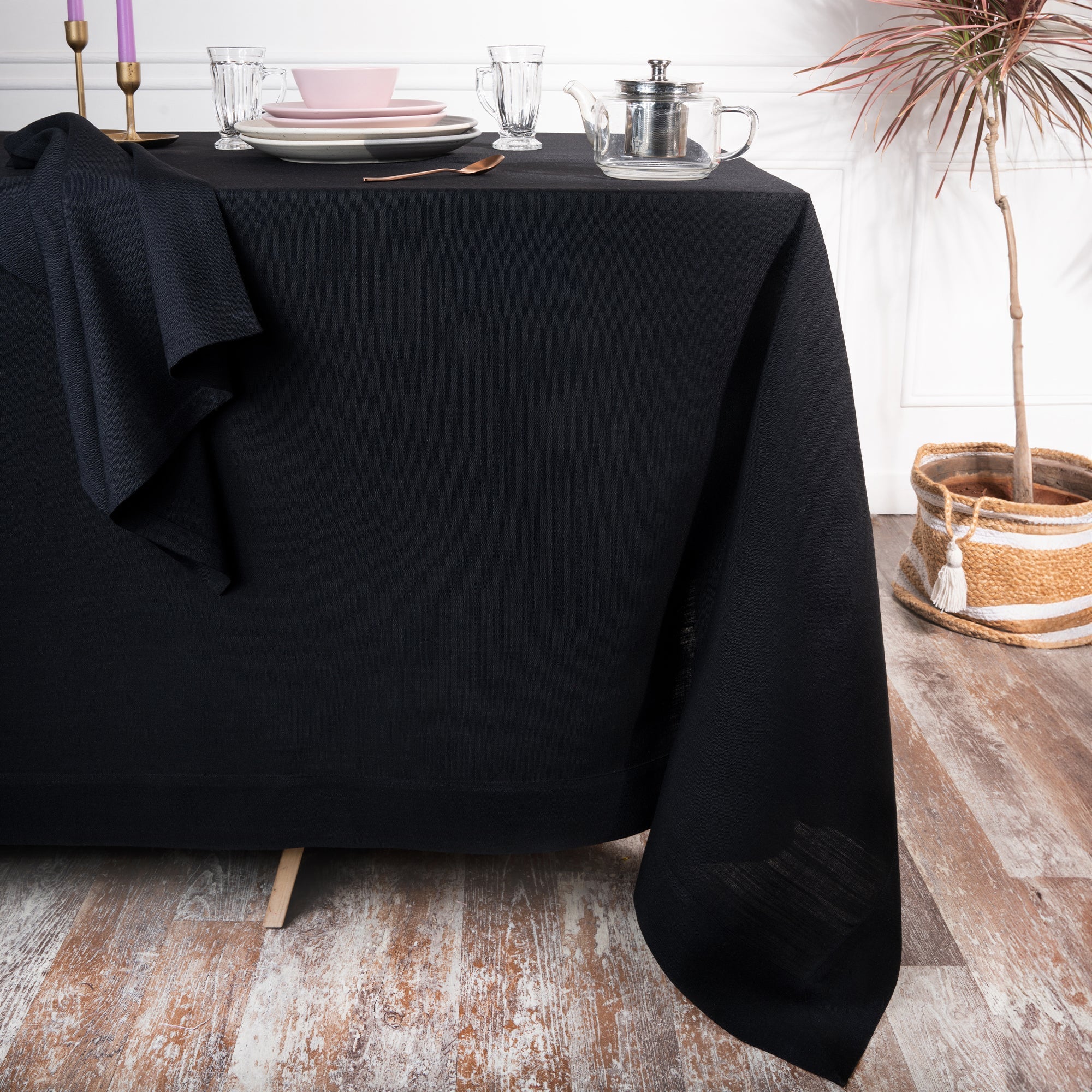 Black Tablecloth, Faux Linen, Mitered Corner