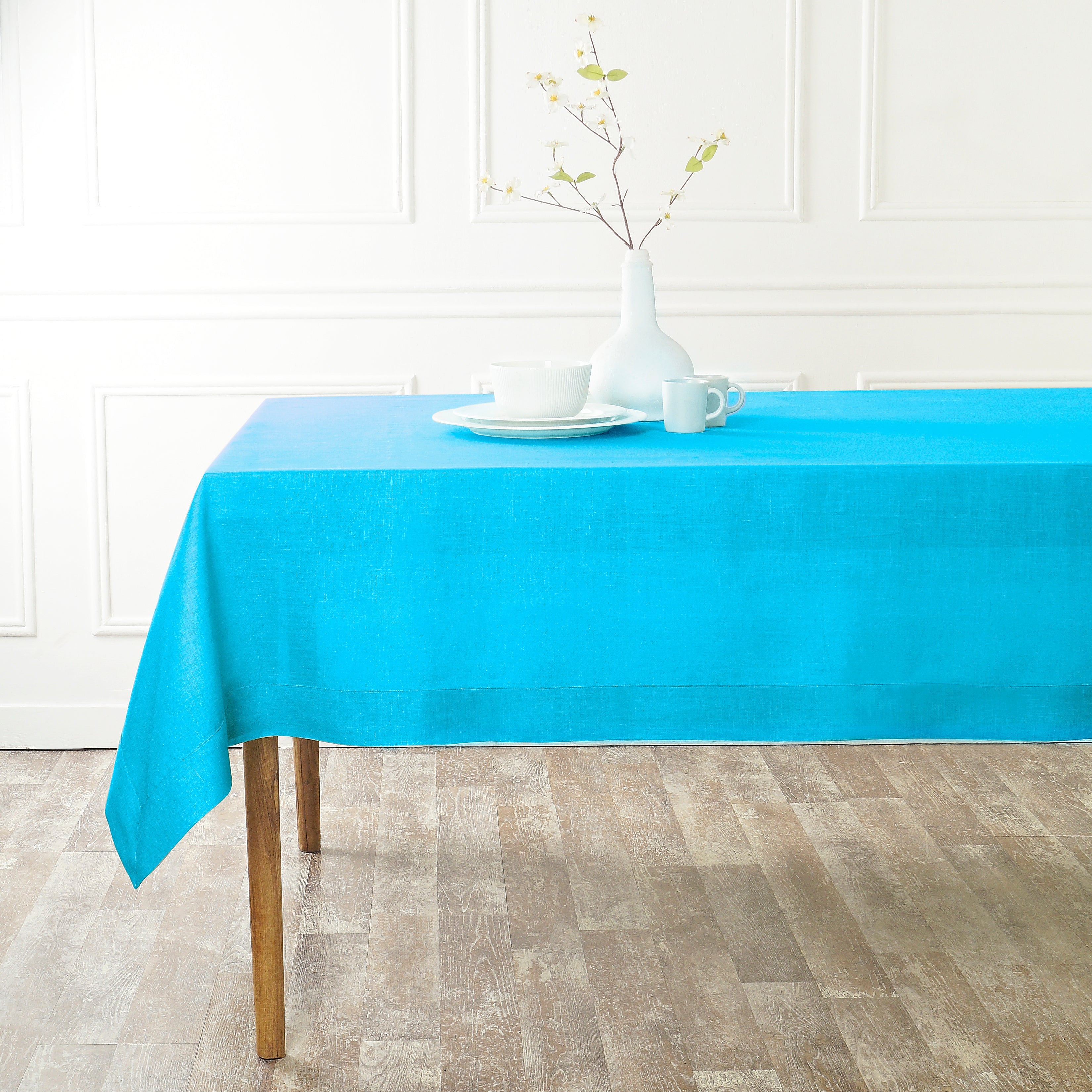 Cyan Blue Linen Tablecloth, Hemmed