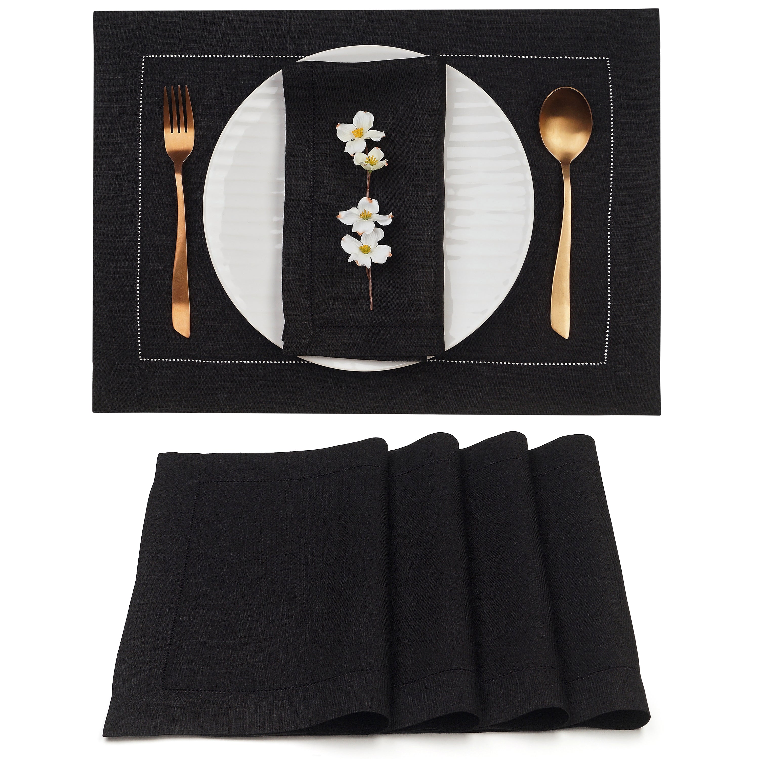 Black Linen Placemats, Hemstitch, 14 x 19 inch, 4 pcs