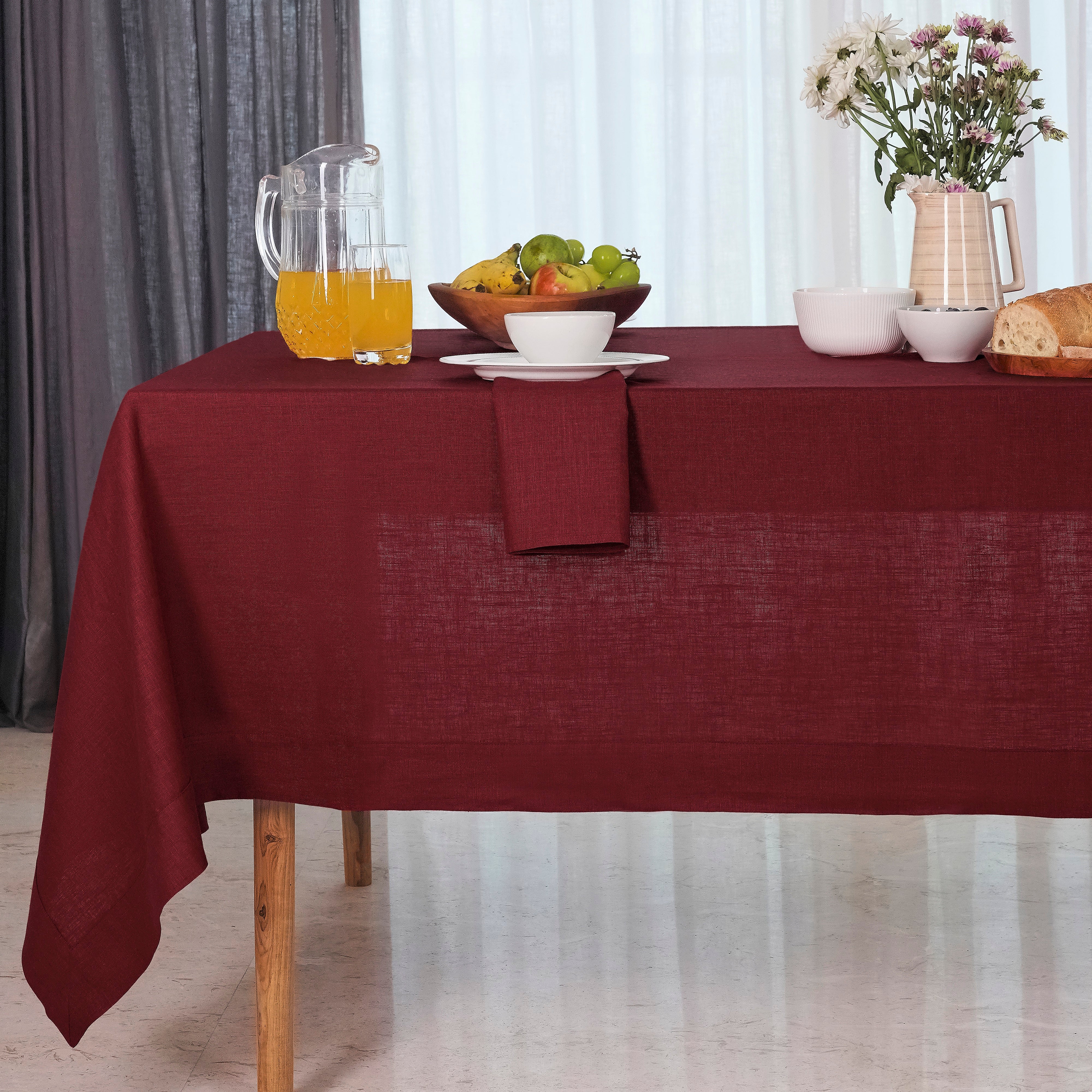 Dark Red Linen Tablecloth, Hemmed