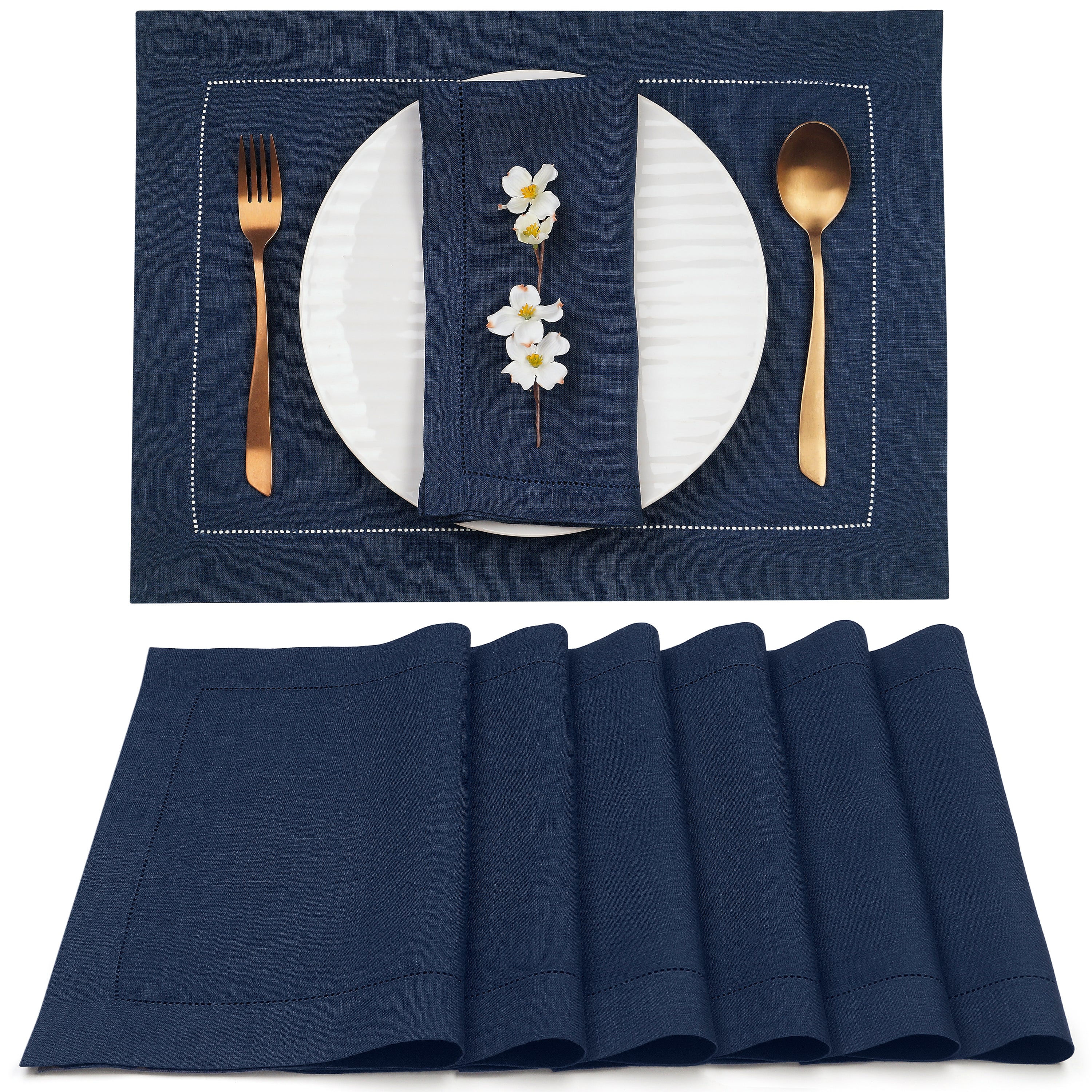 Navy Blue Linen Placemats, Hemstitch, 14 x 19 inch, 6 pcs