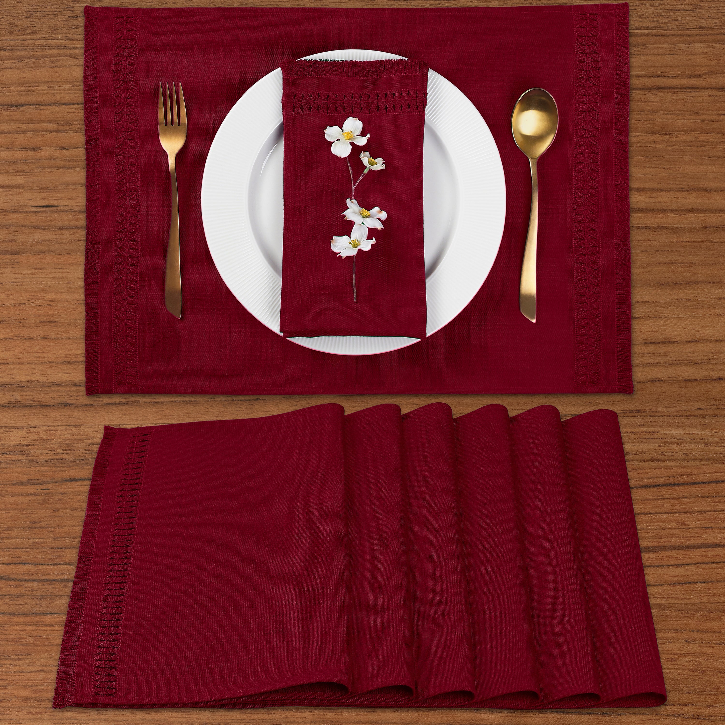 Red Faux Linen Placemats, Hand Hemstitch, 14 x 19 inch, 6 pcs