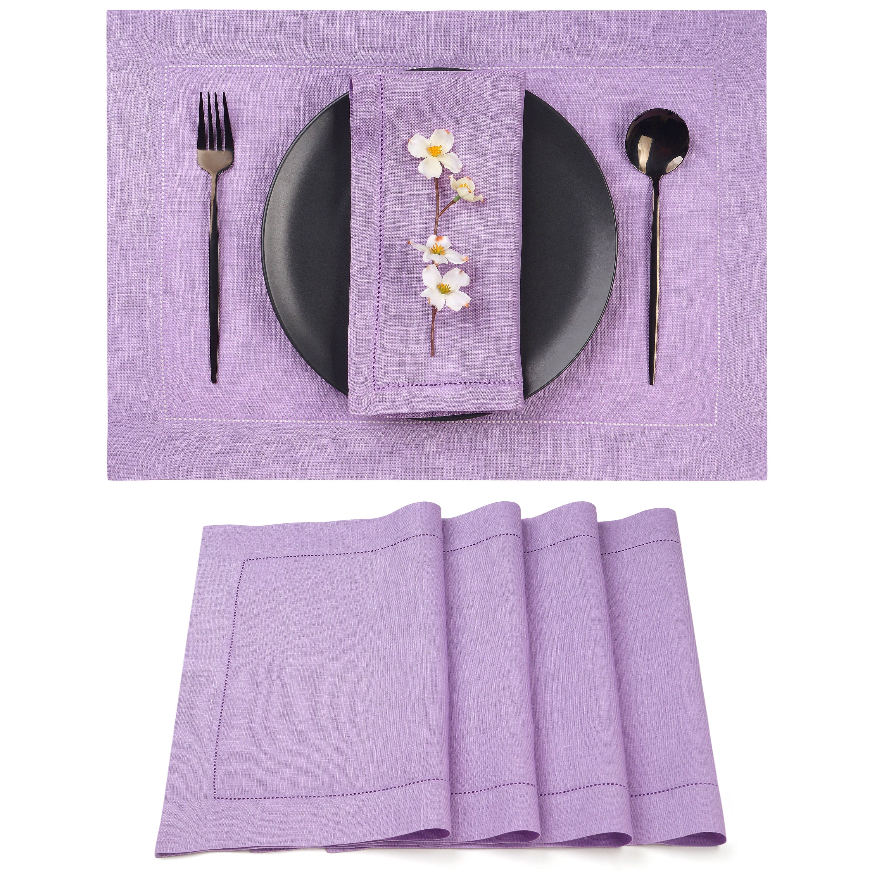 Lavender Linen Placemats, Hemstitch, 14 x 19 inch, 4 pcs