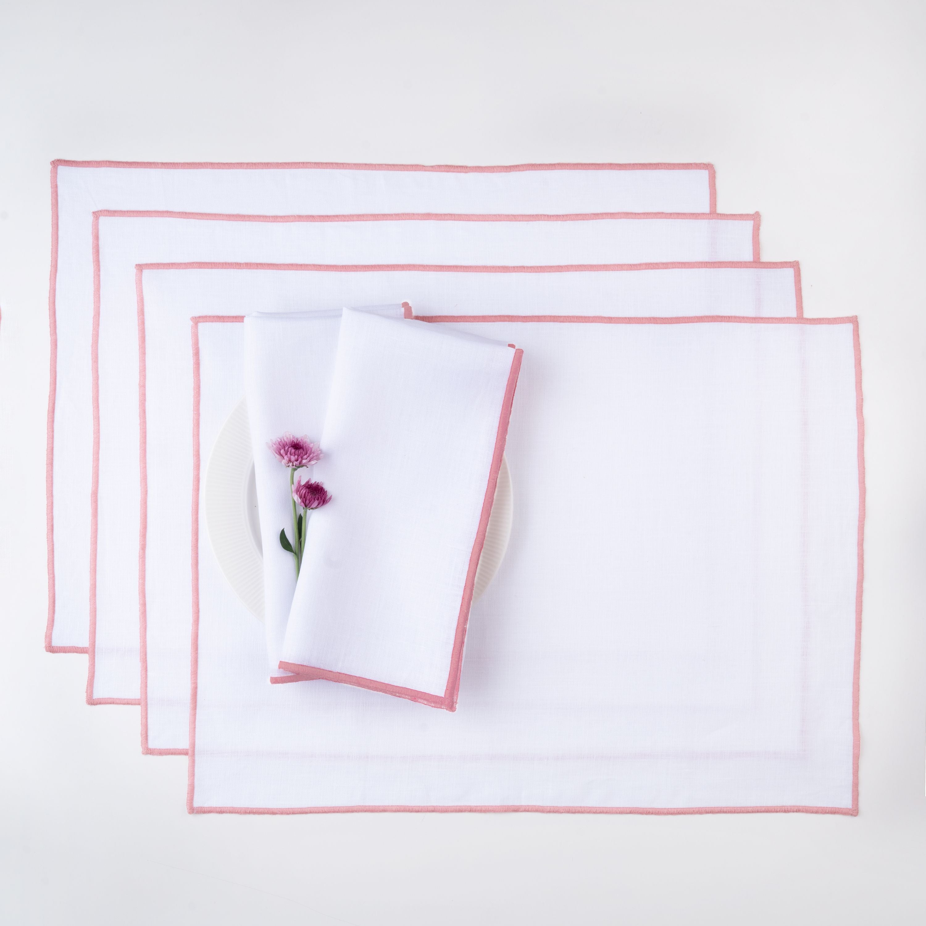 White and Dusty Pink Linen Placemats, Marrow Edge, 14 x 19 inch, 4 pcs