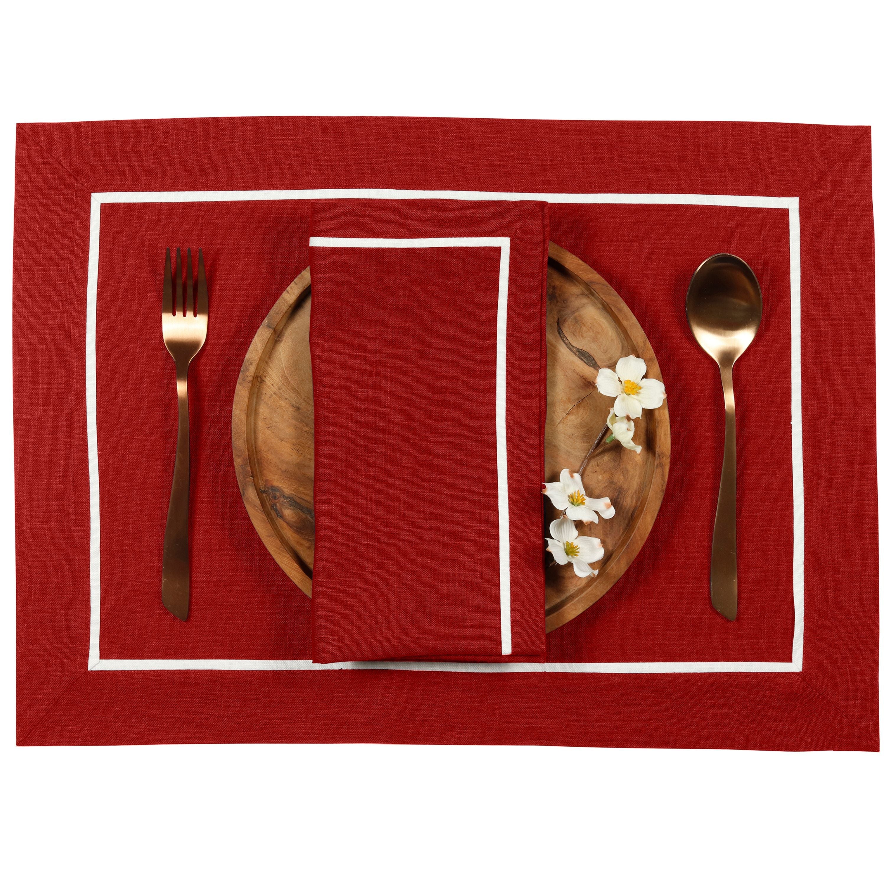 Red and White Linen Placemats, Reversible, 14 x 19 inch, 4 pcs