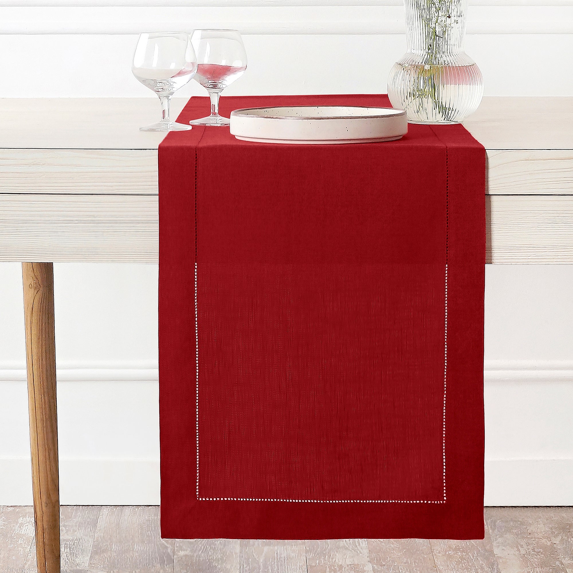 Red Linen Table Runner, Hemstitch