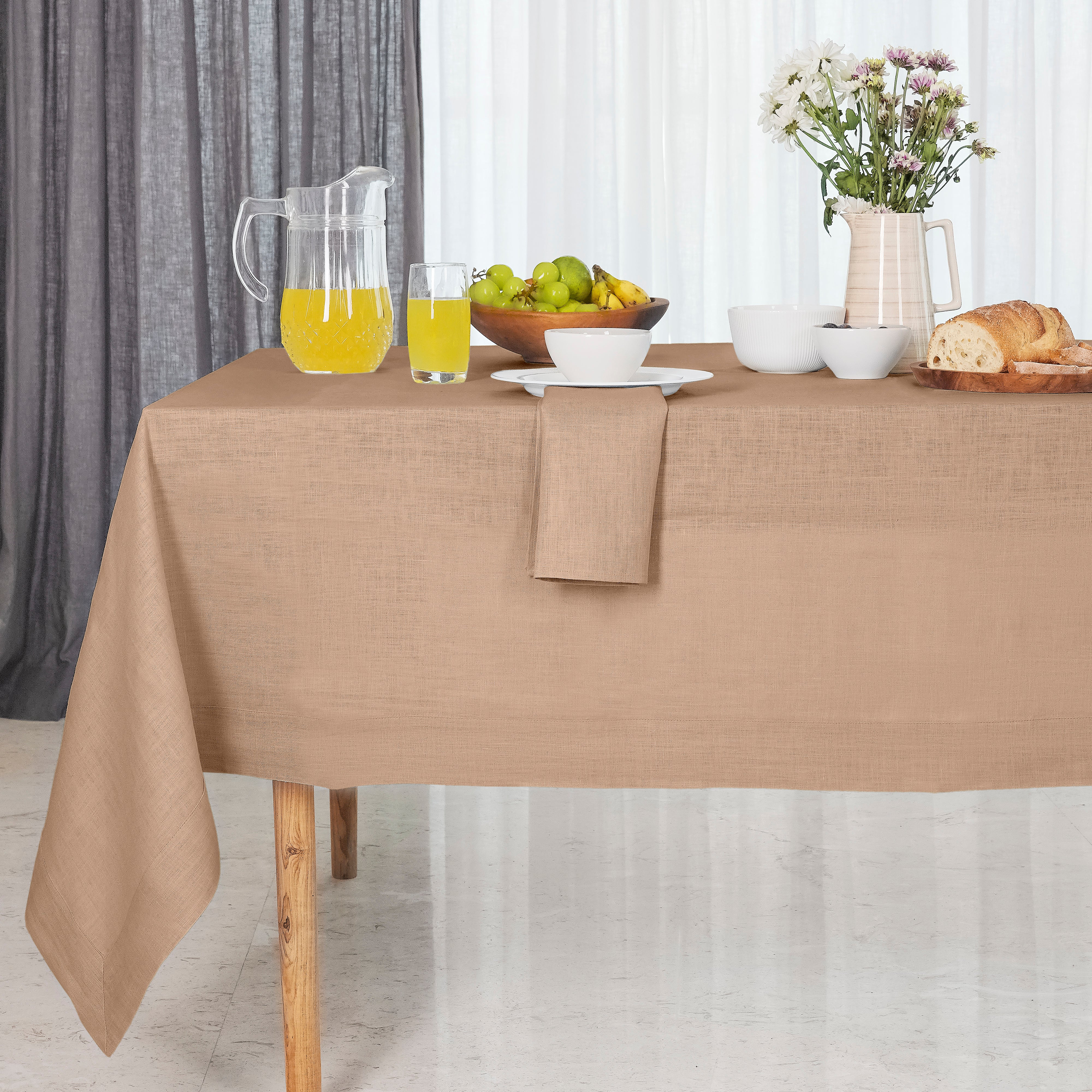 Champagne Beige Linen Tablecloth, Hemmed