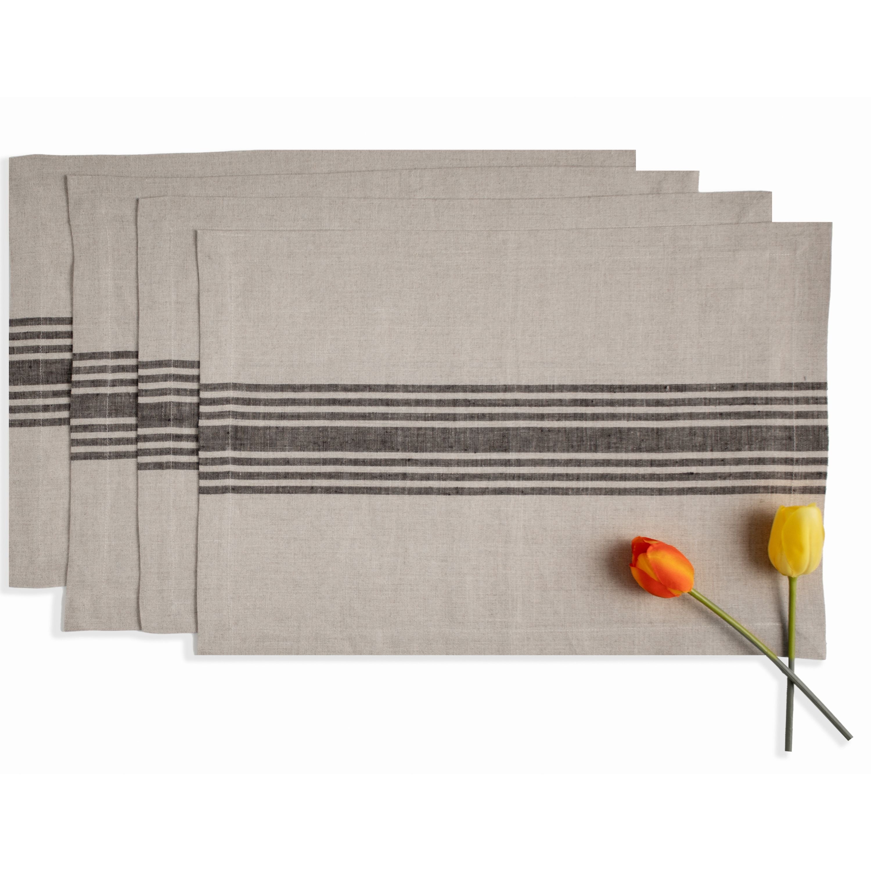 Natural and Black Linen Placemats, Farmhouse, 14 x 19 inch, 4 pcs