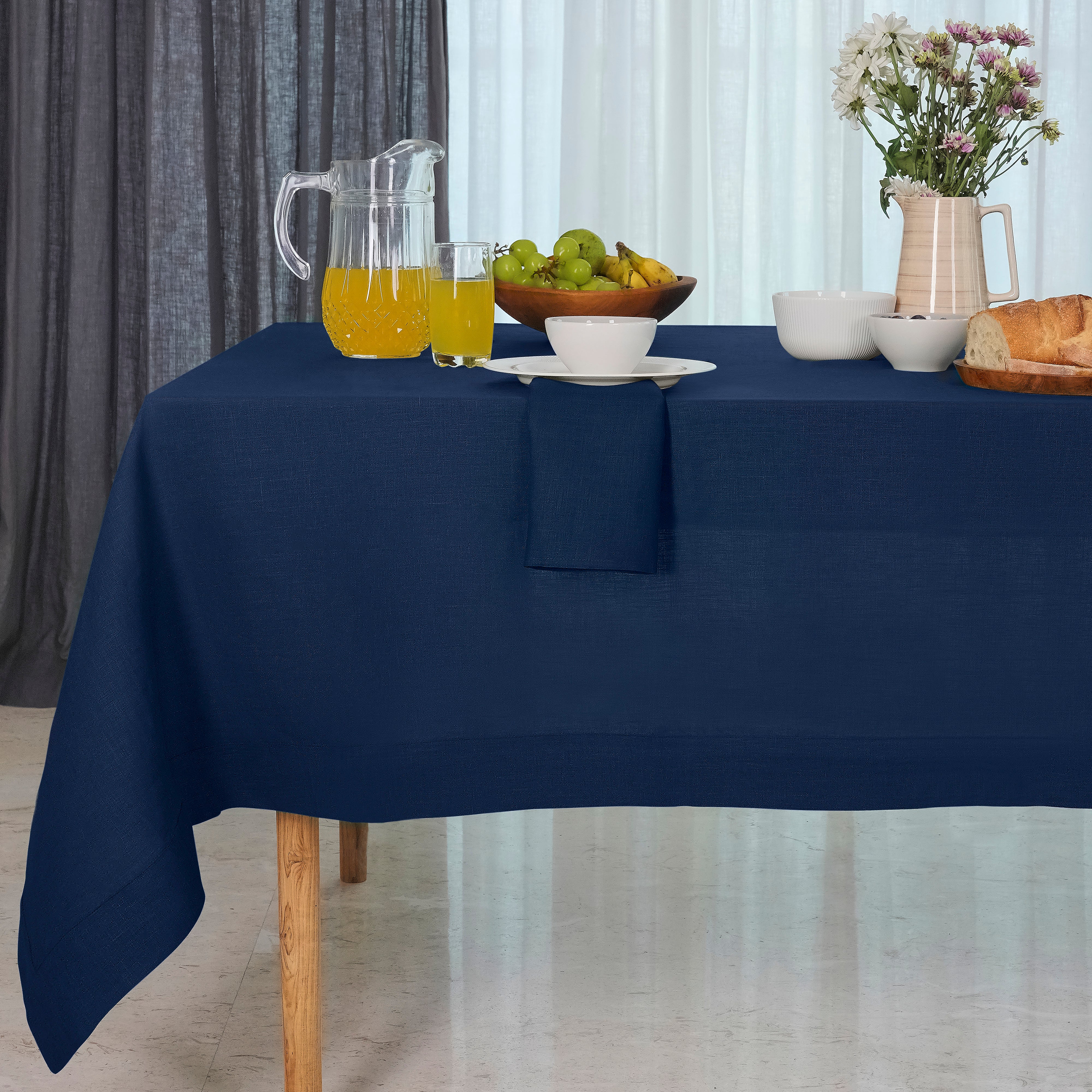 Navy Blue Linen Tablecloth, Hemmed