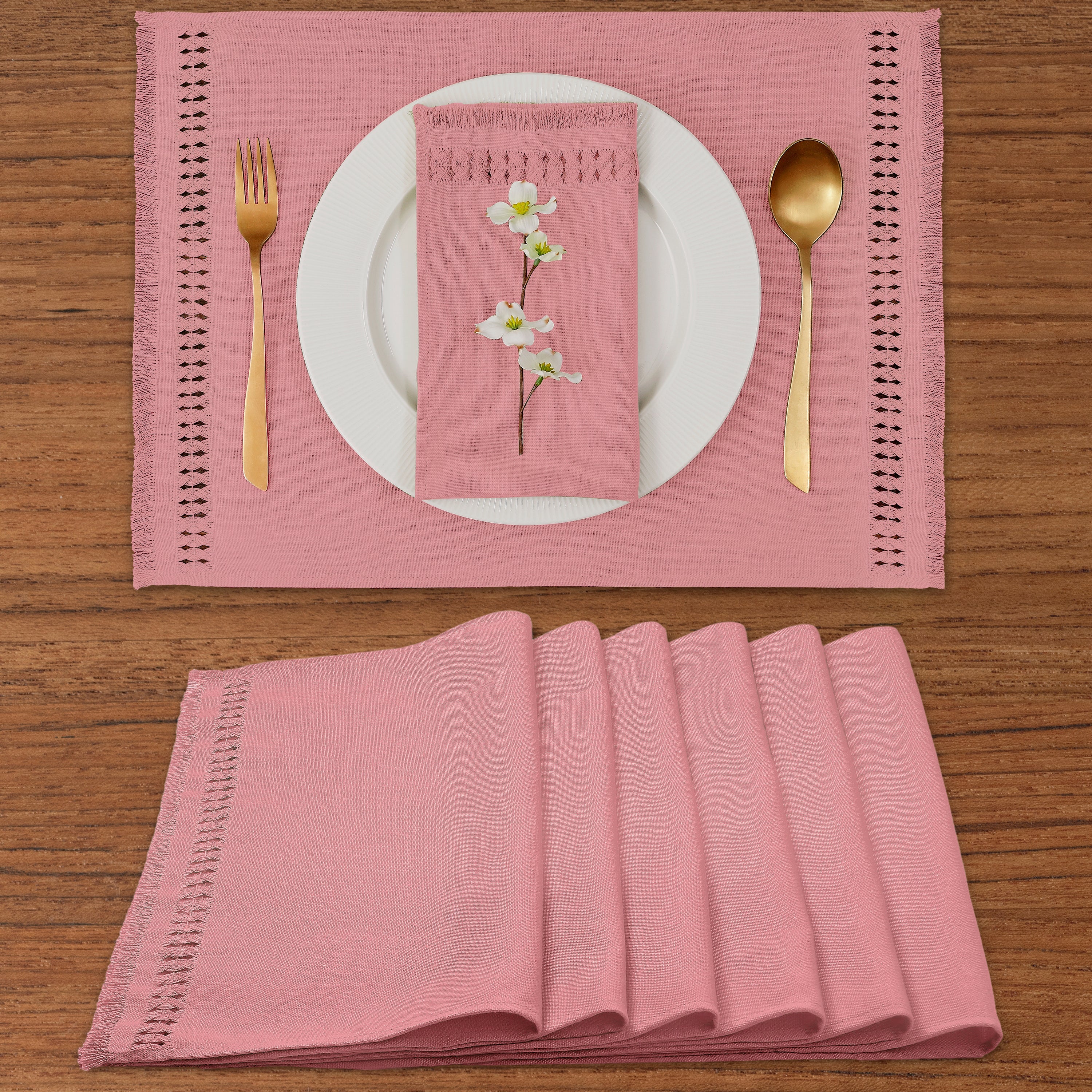 Dusty Pink Faux Linen Placemats, Hand Hemstitch, 14 x 19 inch, 6 pcs