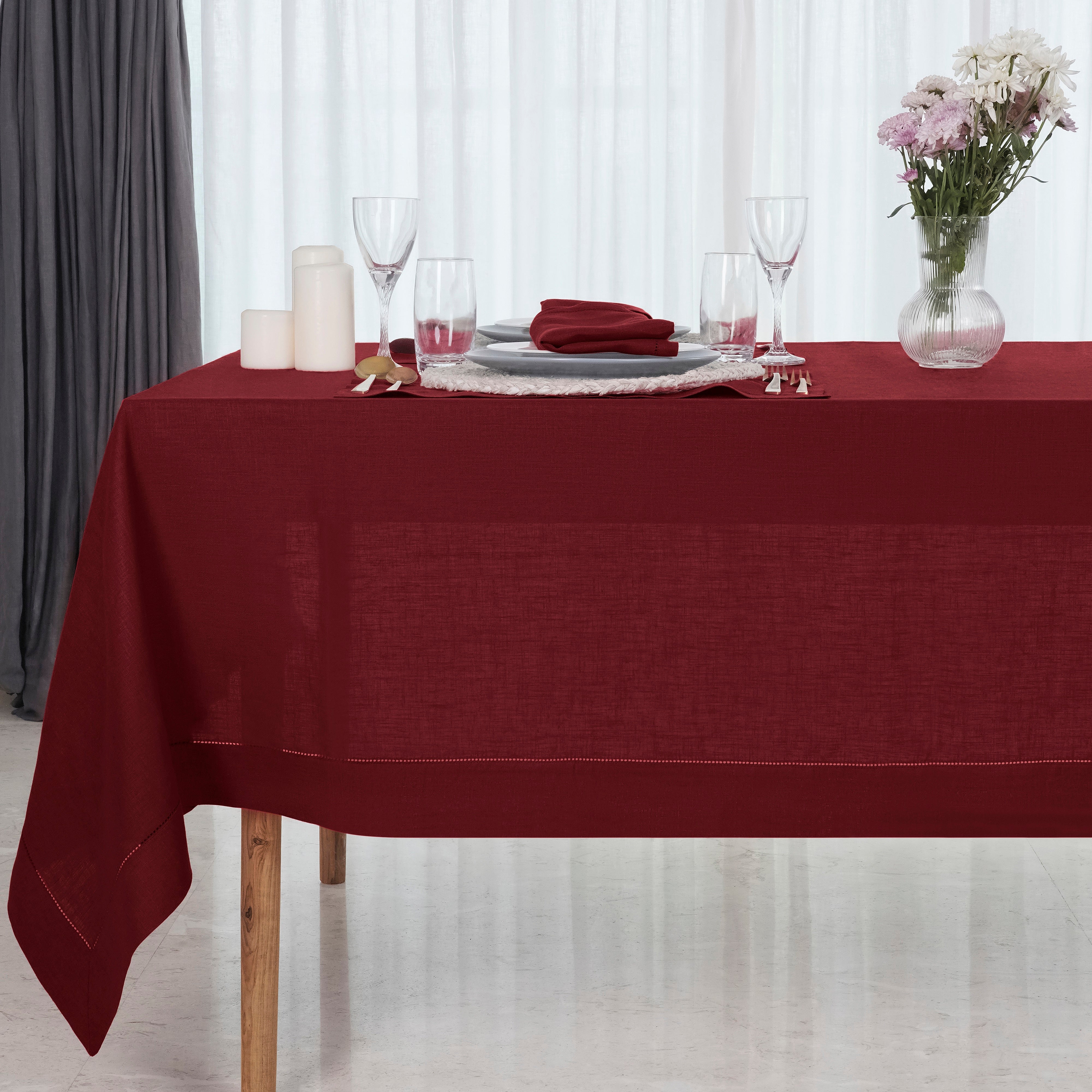 Dark Red Linen Tablecloth, Hemstitch