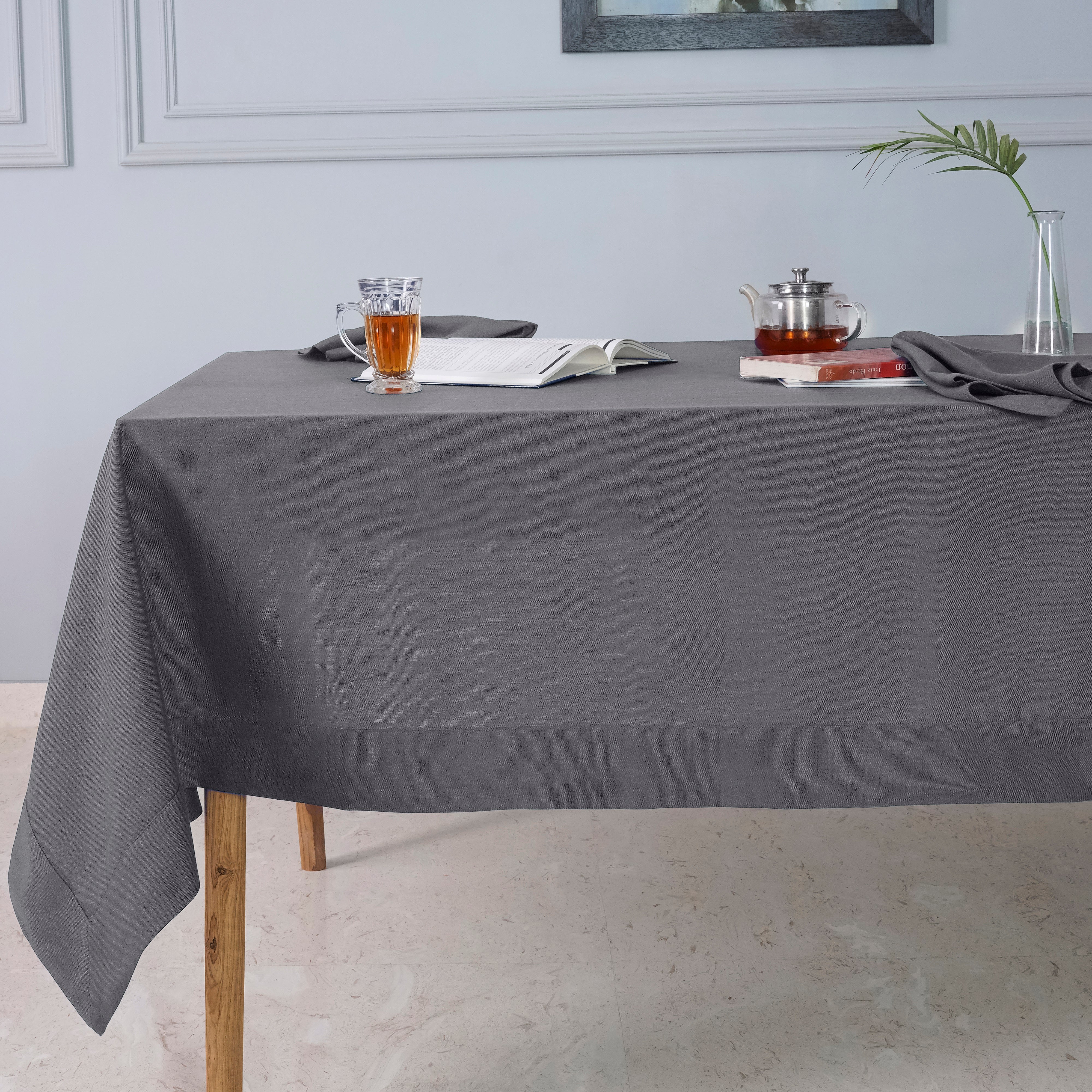 Charcoal Grey Tablecloth, Faux Linen, Mitered Corner