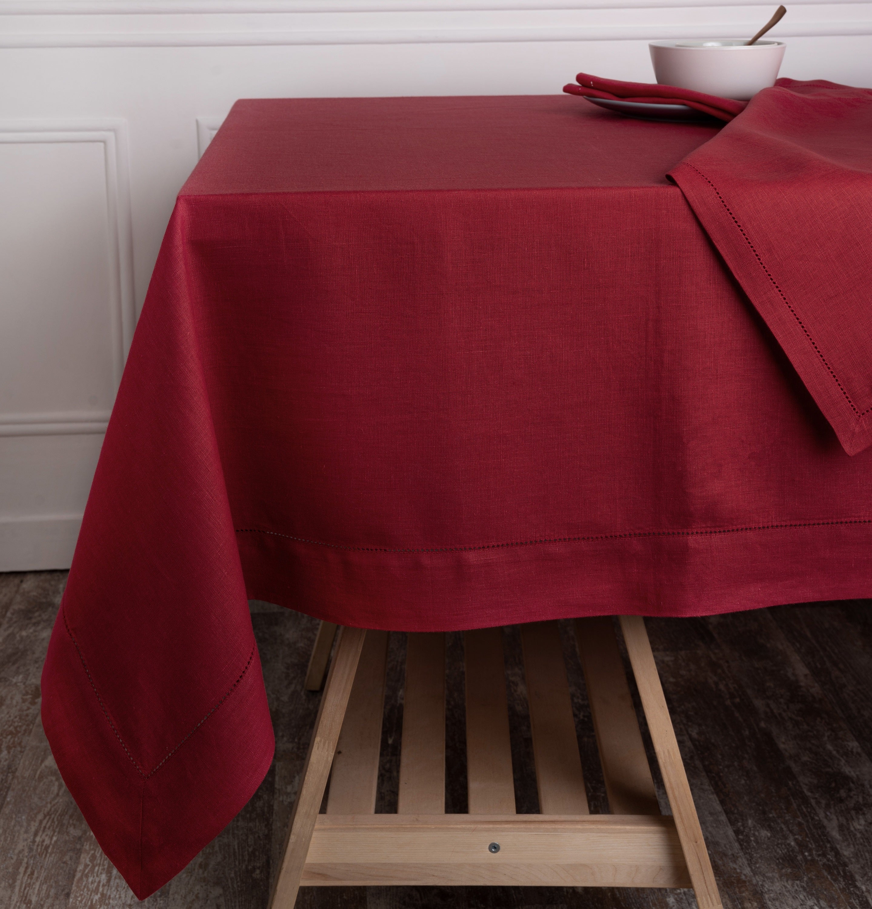 Dark Red Linen Tablecloth, Hemstitch