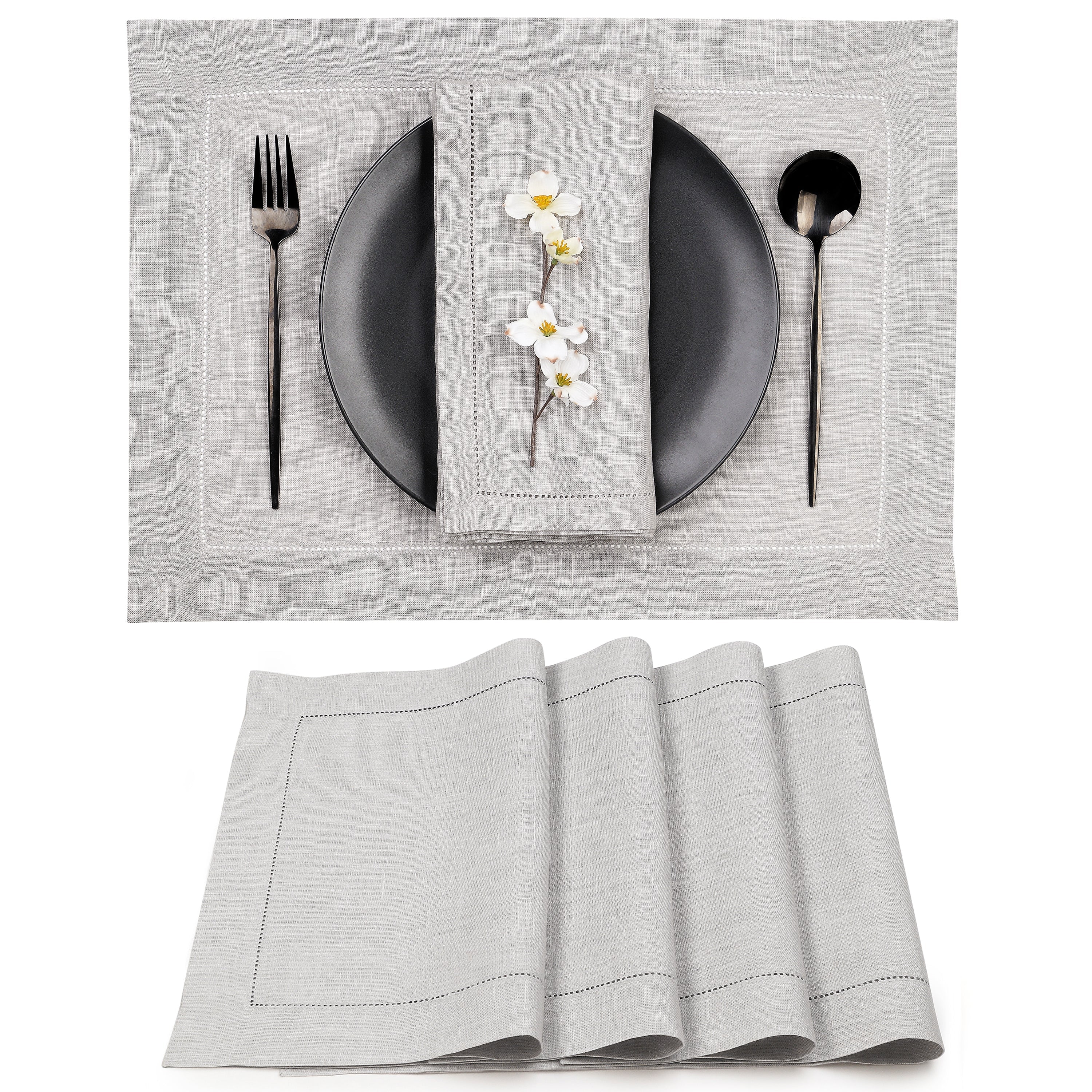 Silver Grey Linen Placemats, Hemstitch, 14 x 19 inch, 4 pcs