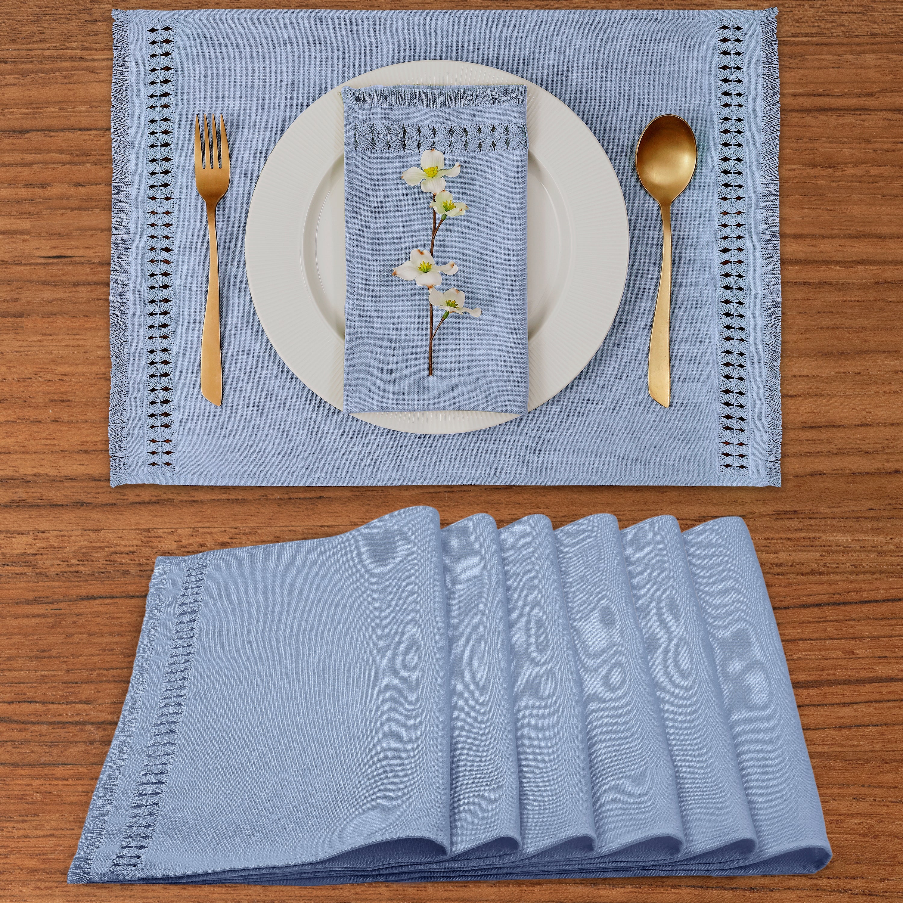 Light Blue Faux Linen Placemats, Hand Hemstitch, 14 x 19 inch, 6 pcs