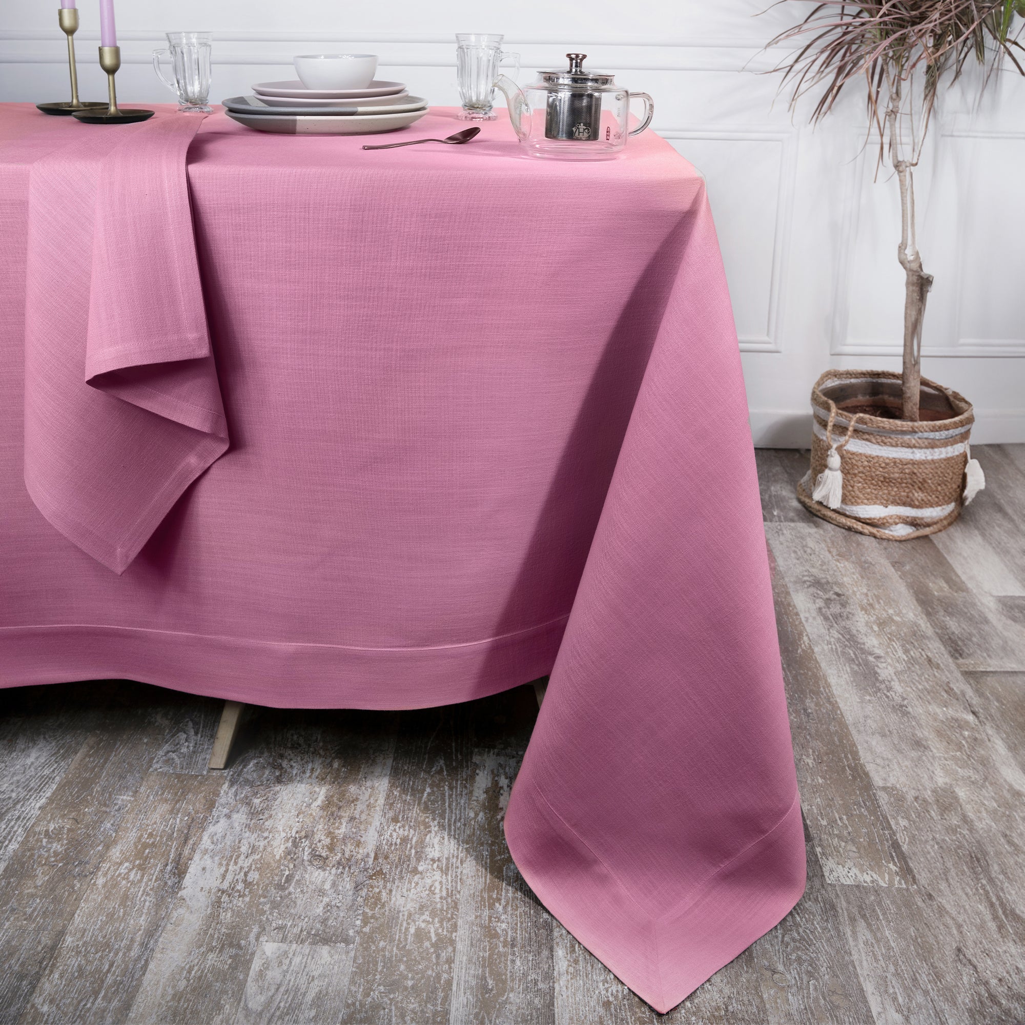 Bubblegum Pink Tablecloth, Faux Linen, Mitered Corner