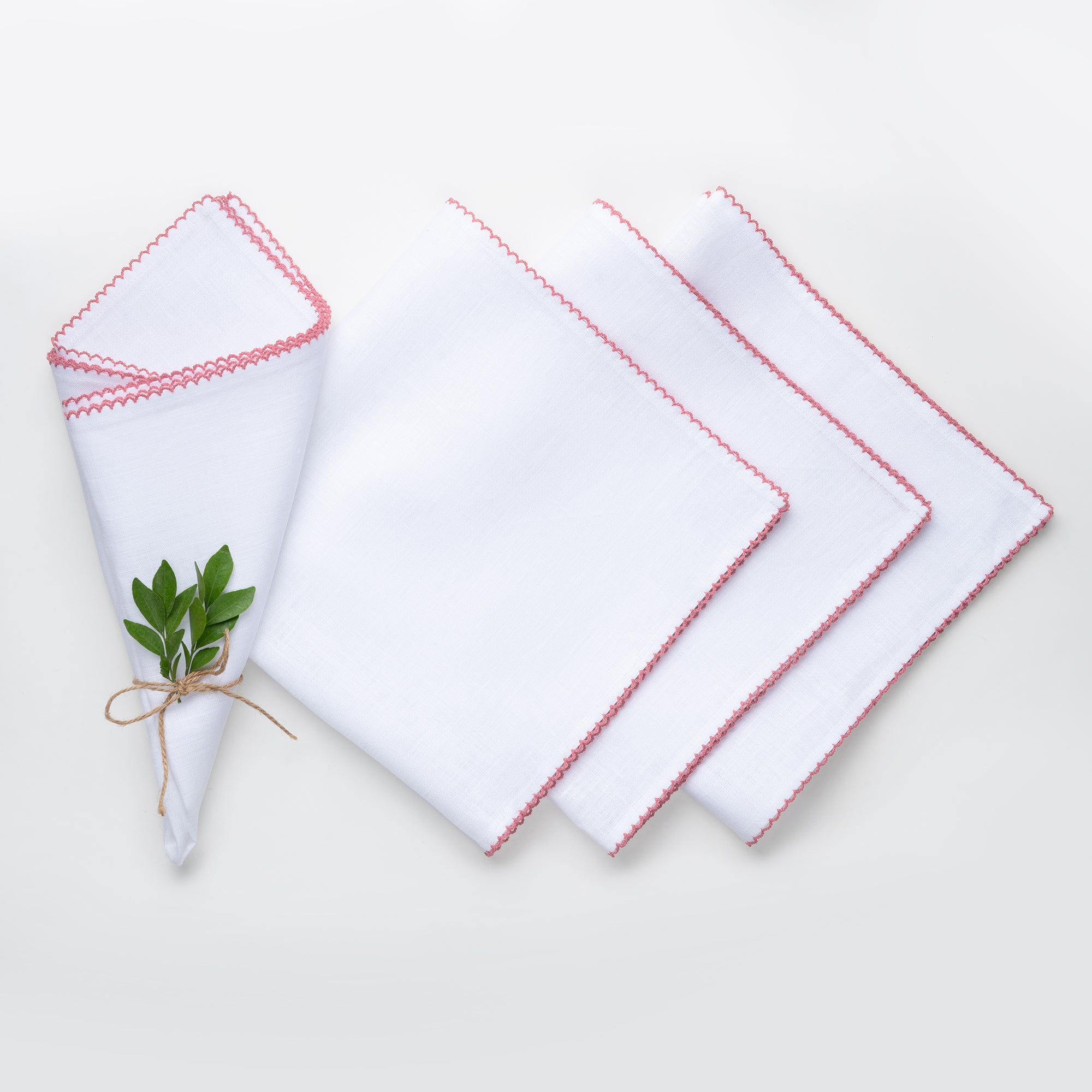 White and Dusty Pink Linen Napkins, Whipstitch, 20 x 20 inch, 4 pcs