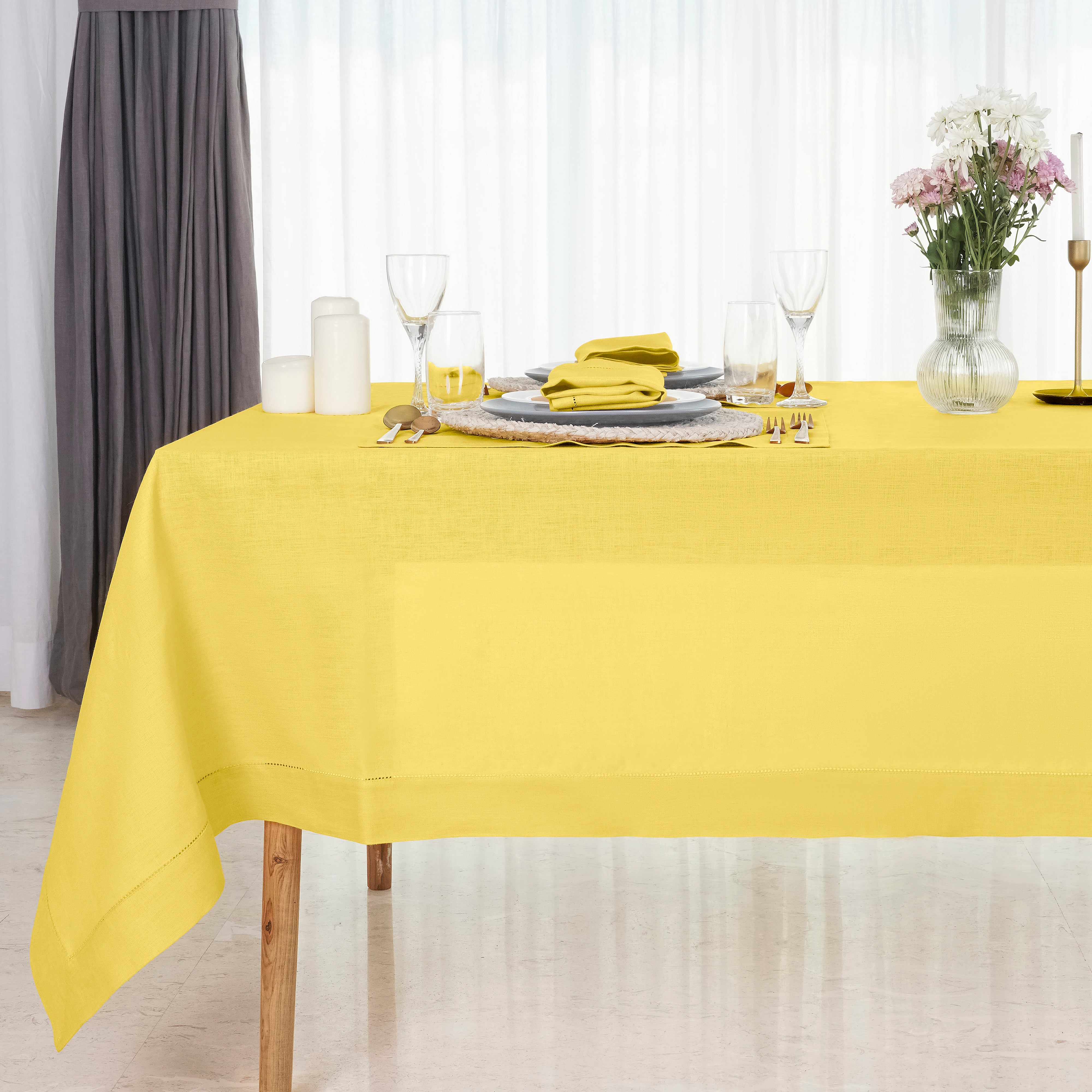 Lemon Yellow Linen Tablecloth, Hemstitch