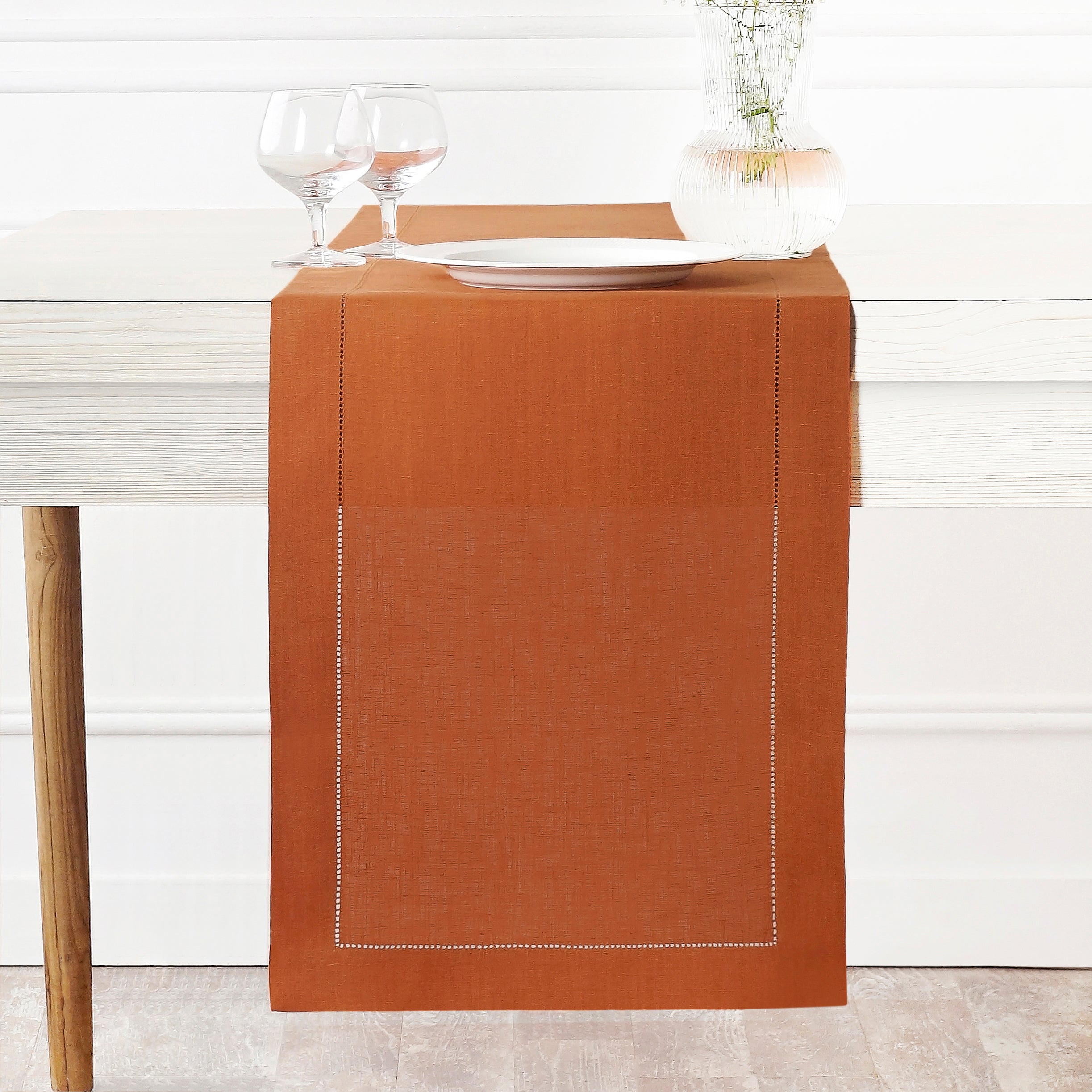 Rust Linen Table Runner, Hemstitch