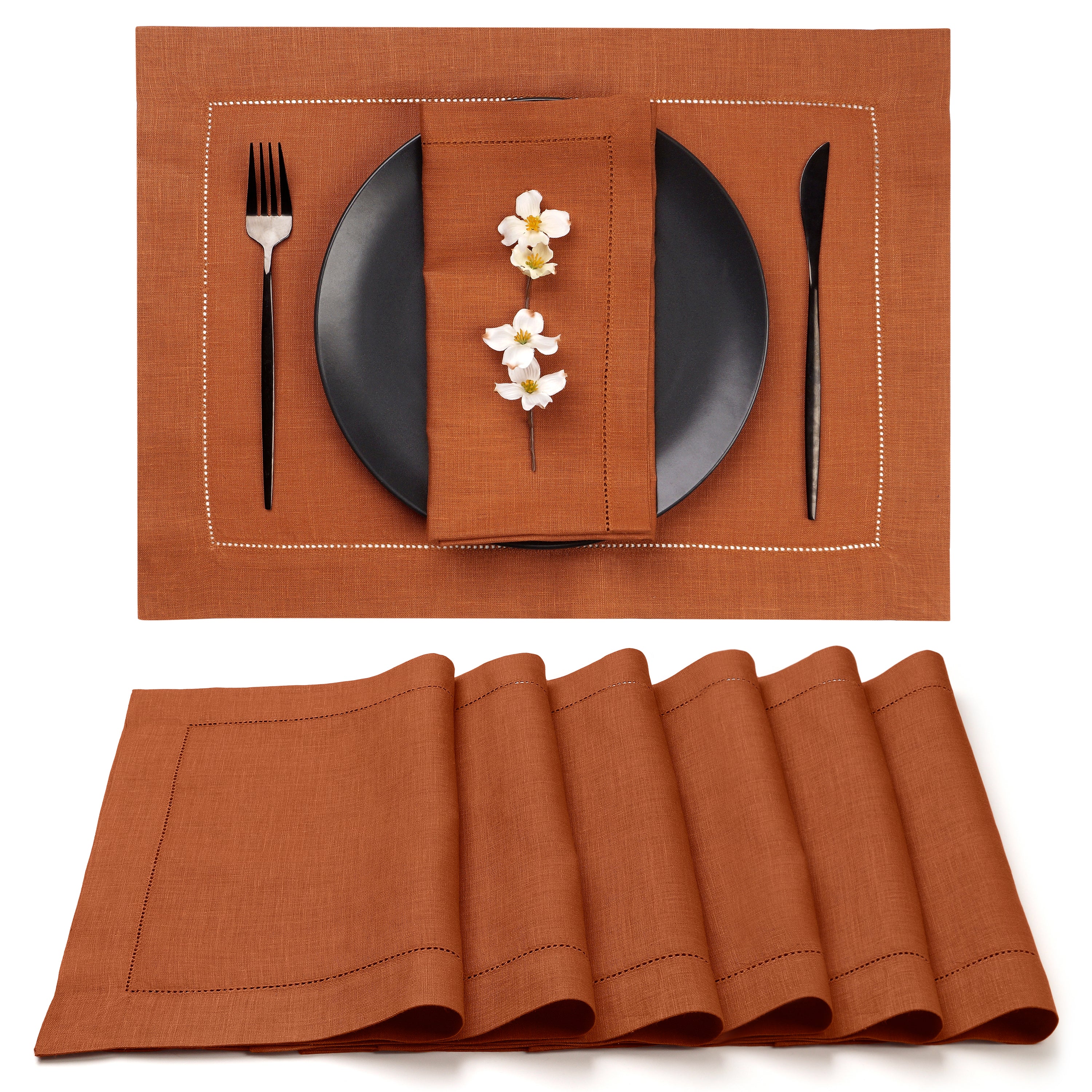 Rust Linen Placemats, Hemstitch, 14 x 19 inch, 6 pcs