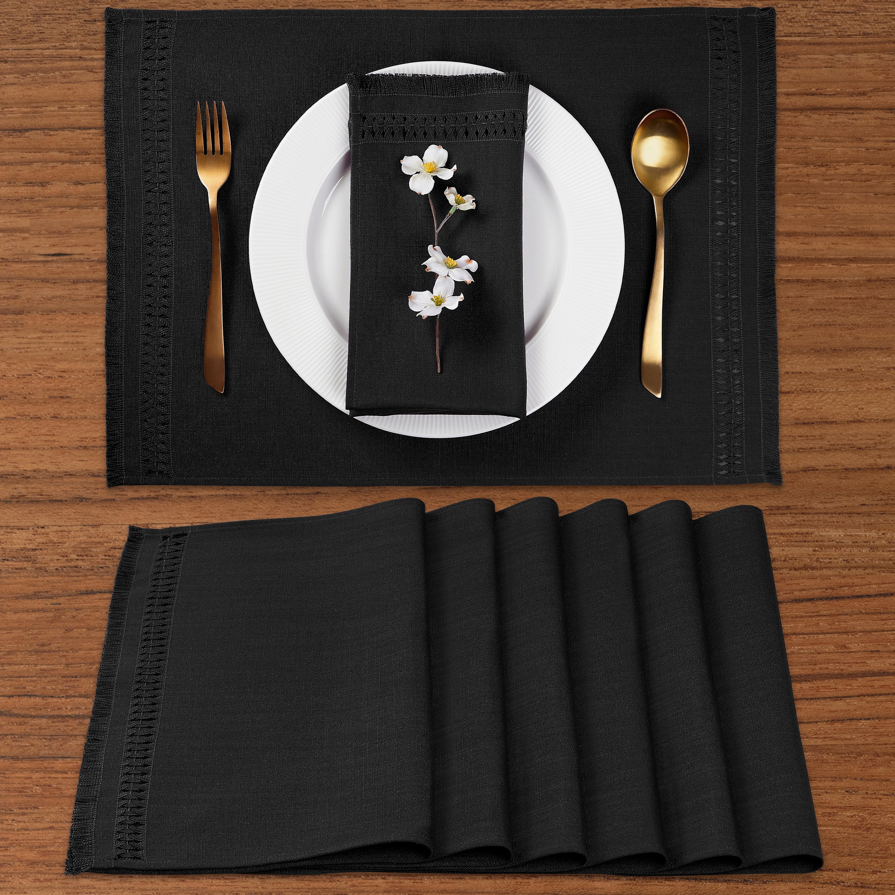 Black Faux Linen Placemats, Hand Hemstitch, 14 x 19 inch, 6 pcs