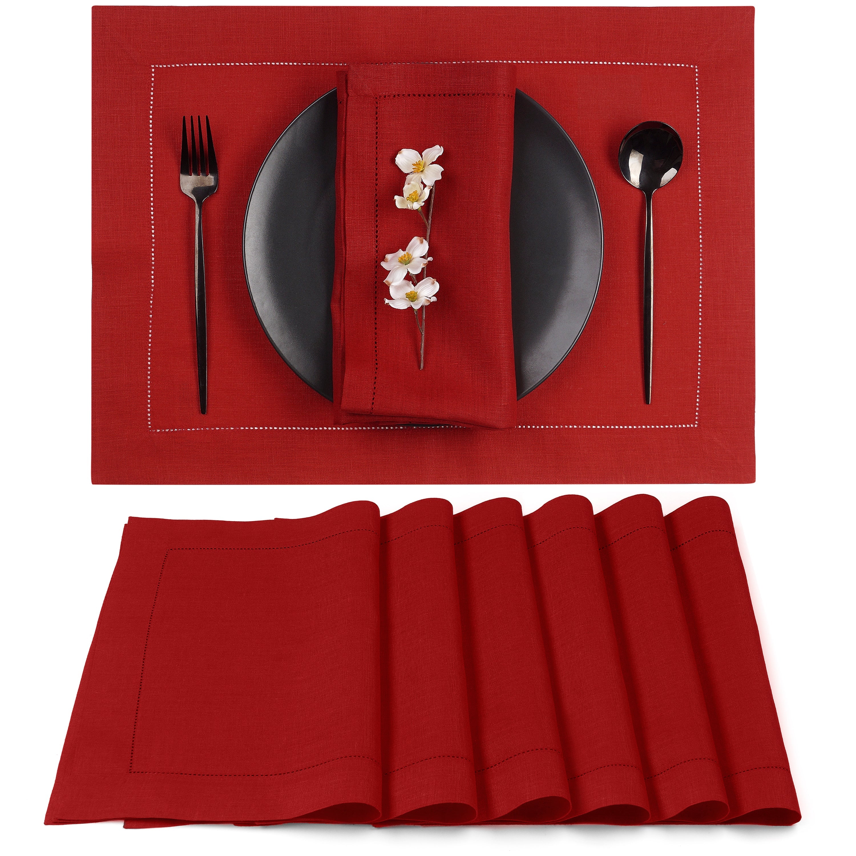 Red Linen Placemats, Hemstitch, 14 x 19 inch, 6 pcs