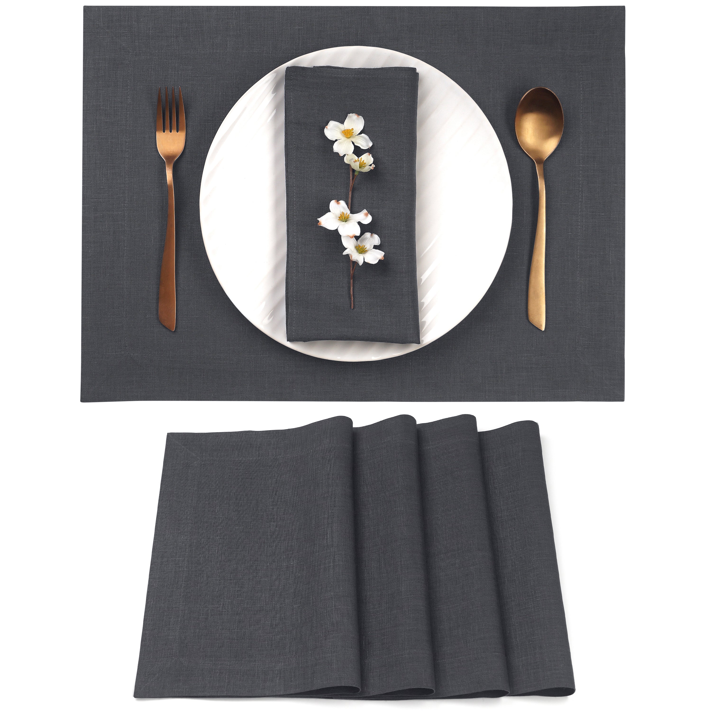 Charcoal Grey Linen Placemats, Hemmed, 14 x 19 inch, 4 pcs