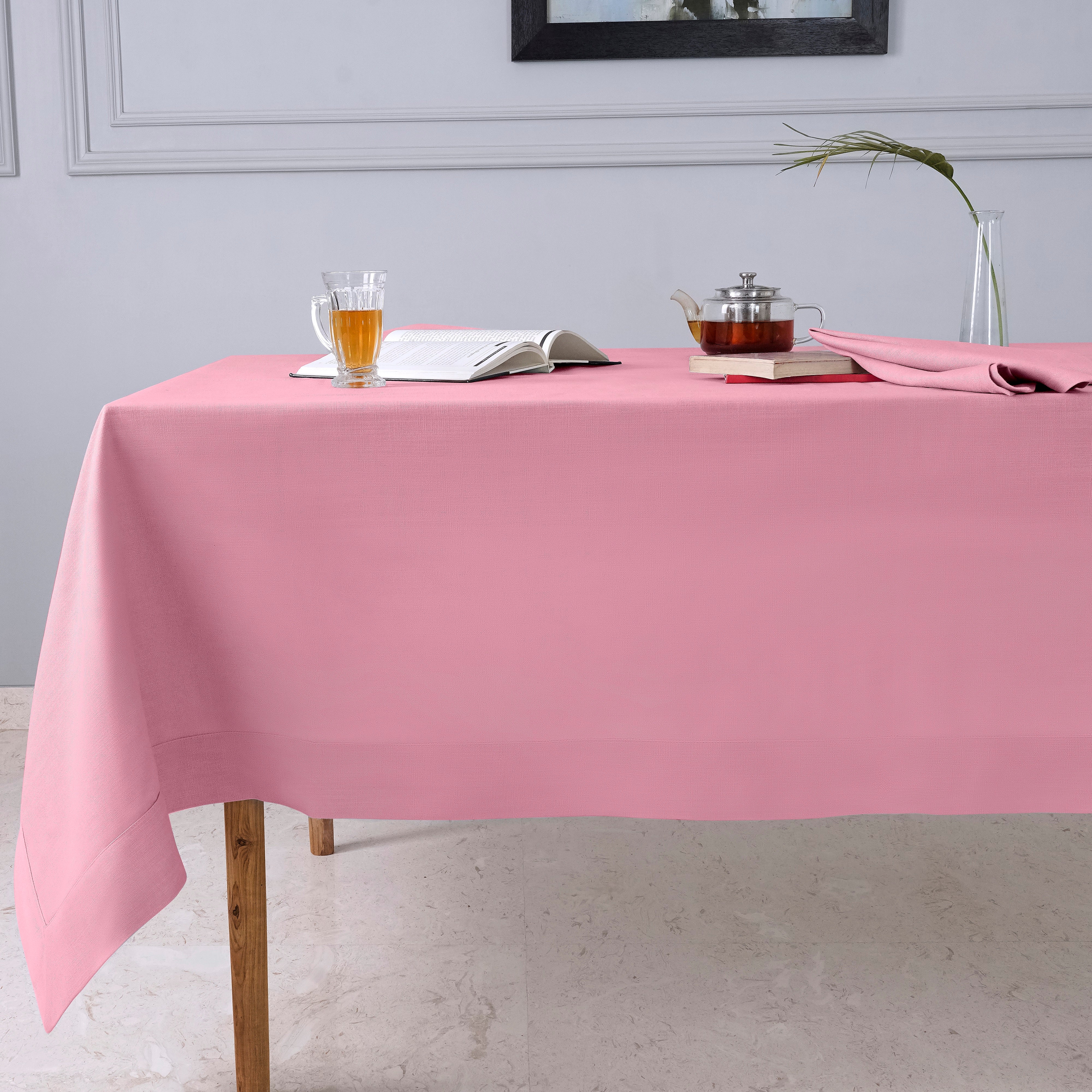 Dusty Pink Tablecloth, Faux Linen, Mitered Corner