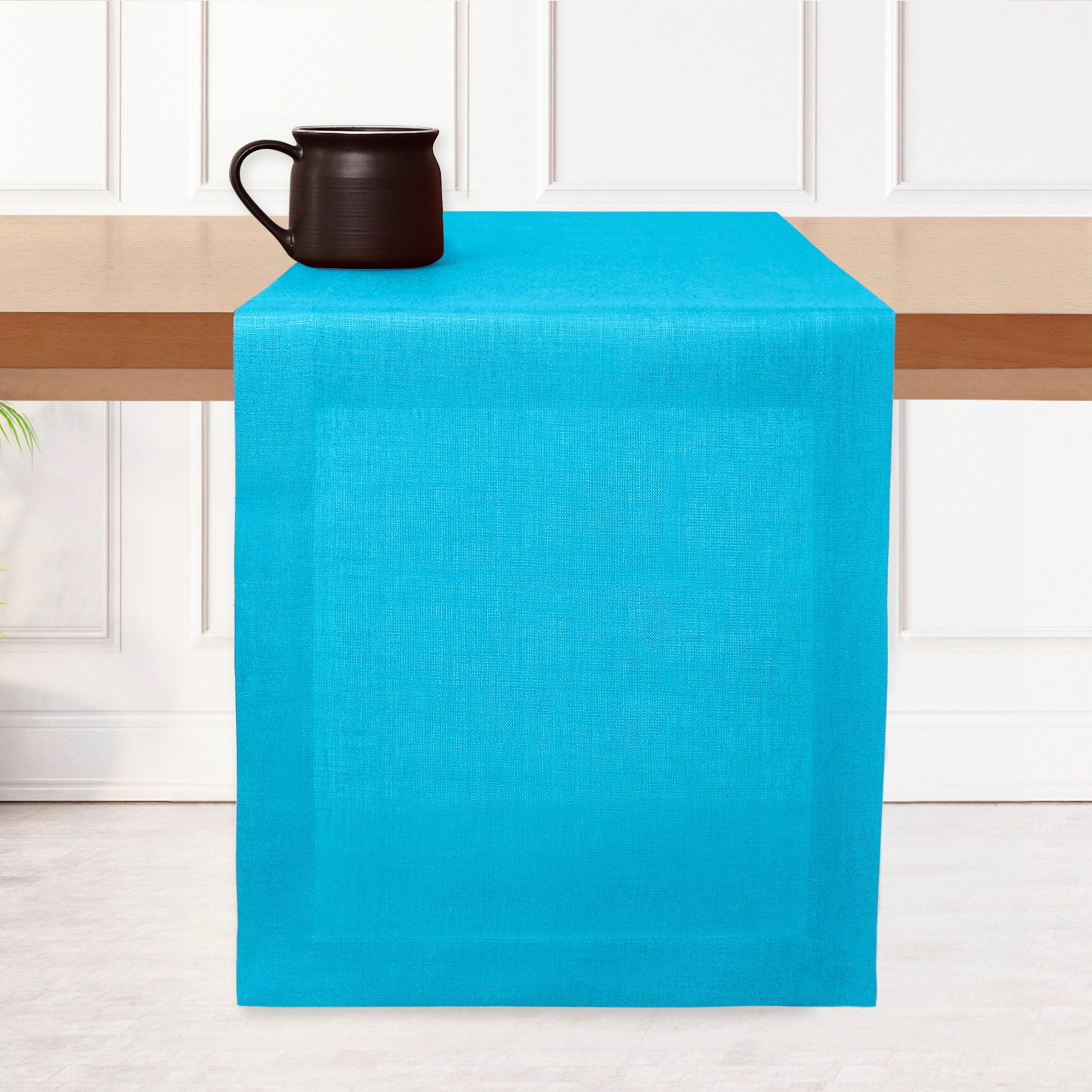 Cyan Blue Linen Table Runner, Hemmed