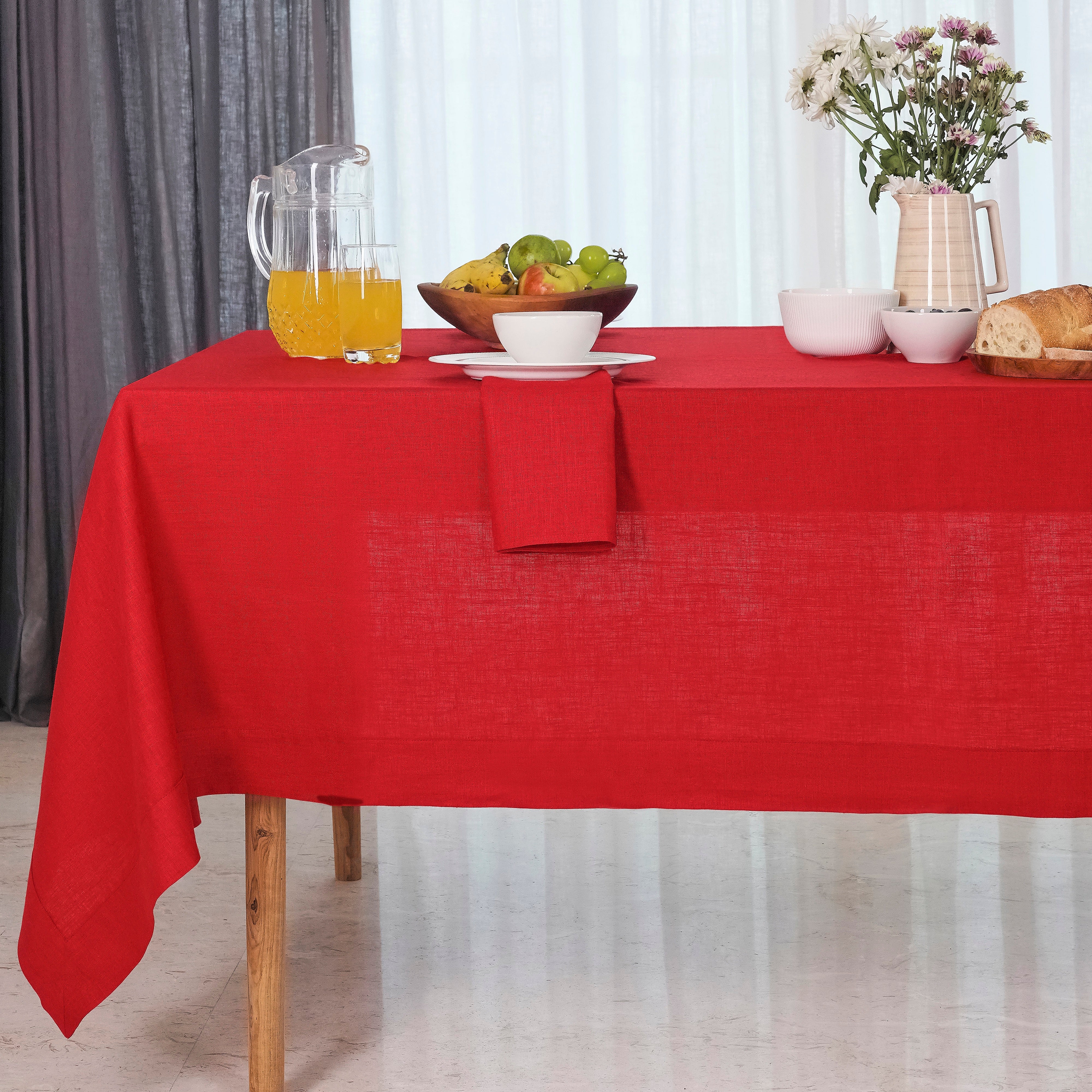 Bright Red Linen Tablecloth, Hemmed