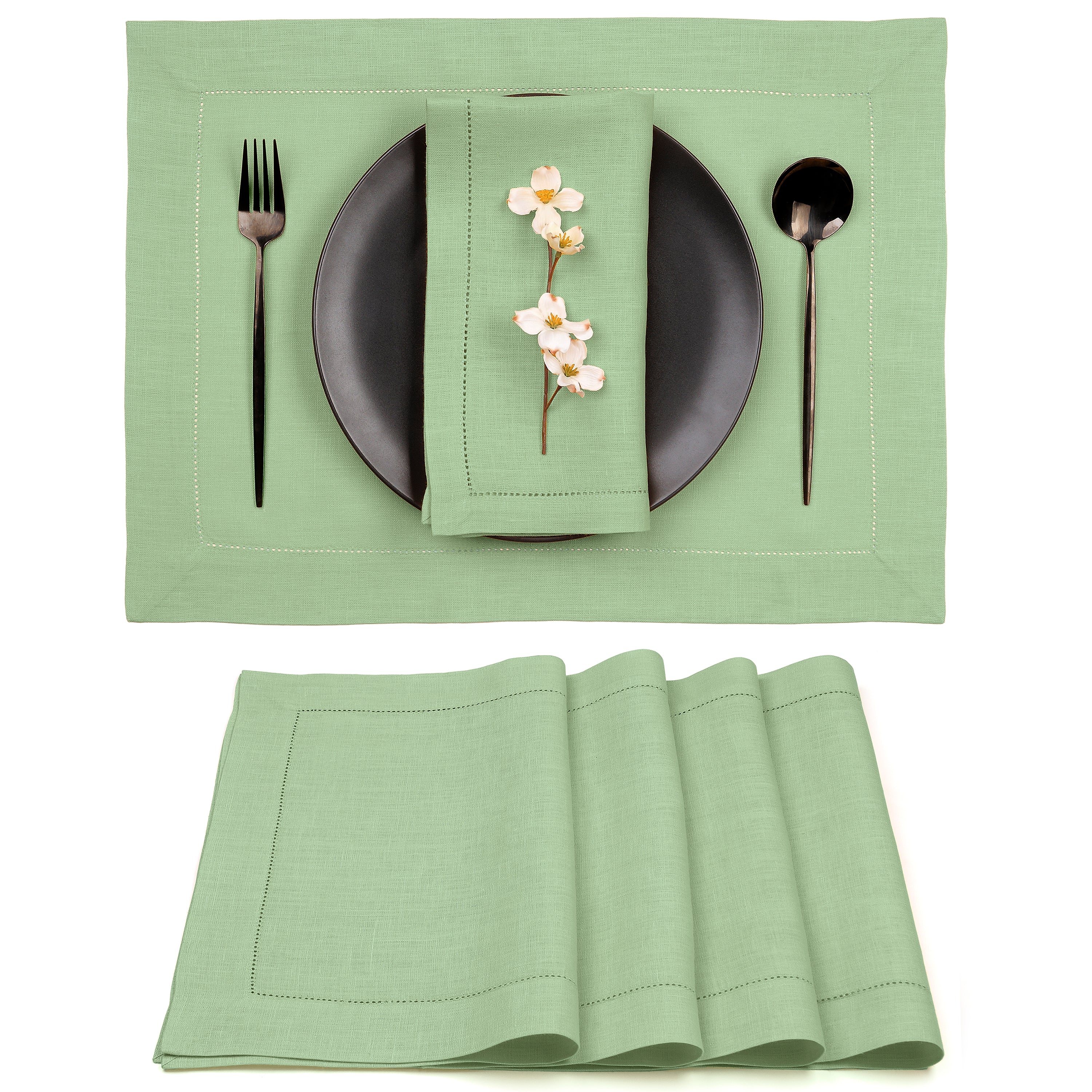 Sage Green Linen Placemats, Hemstitch, 14 x 19 inch, 4 pcs