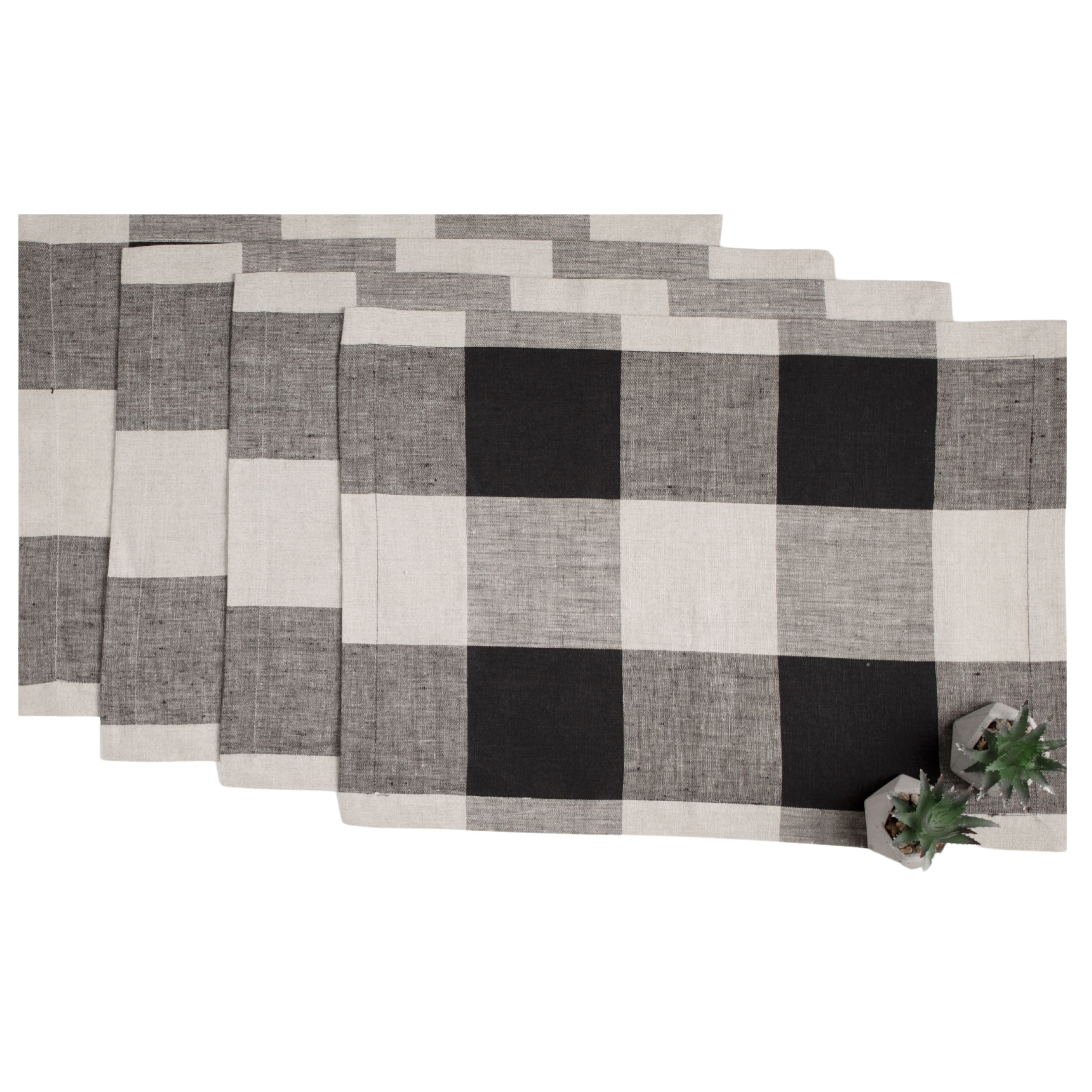 Natural and Black Linen Placemats, Buffalo Check, 14 x 19 inch, 4 pcs