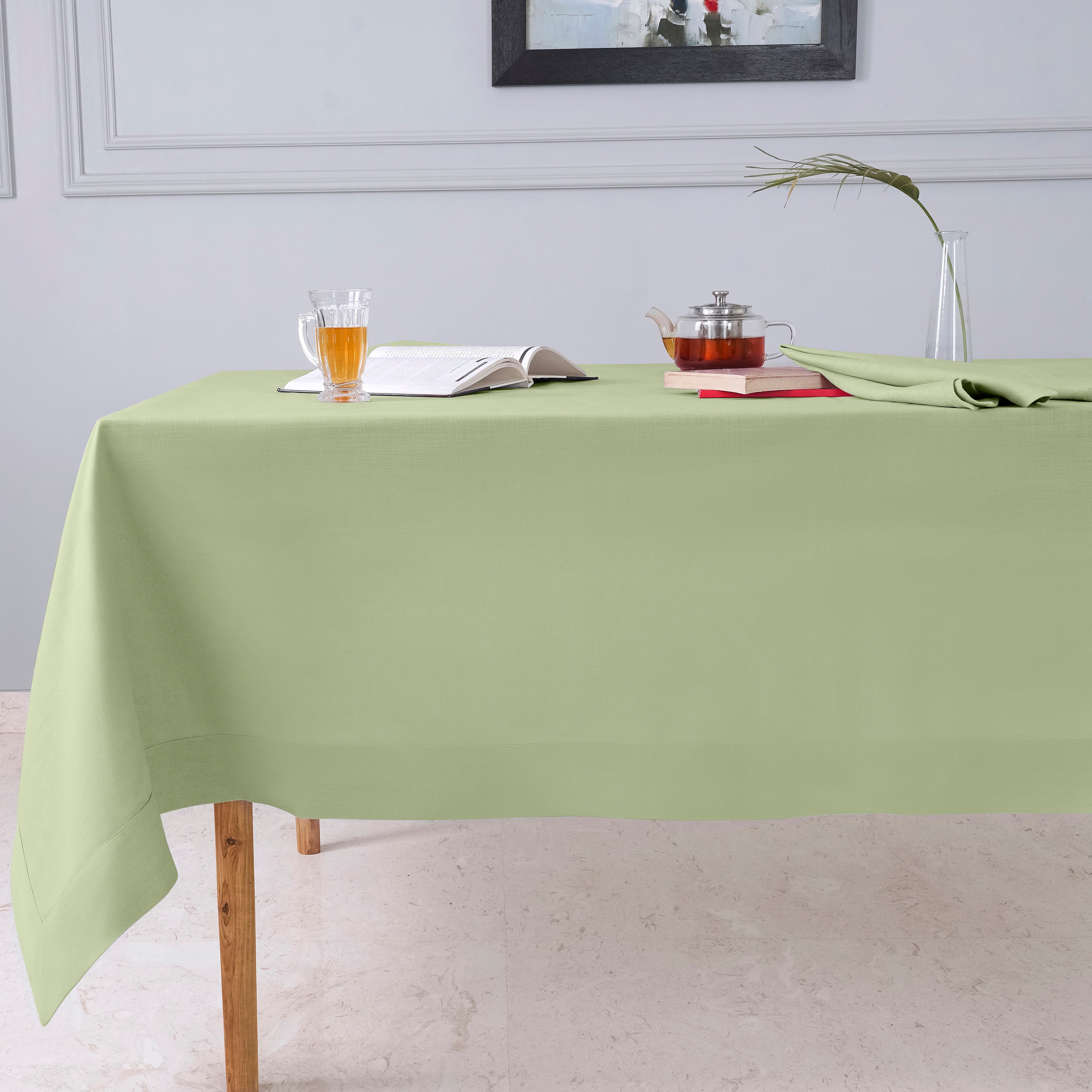 Sage Green Tablecloth, Faux Linen, Mitered Corner