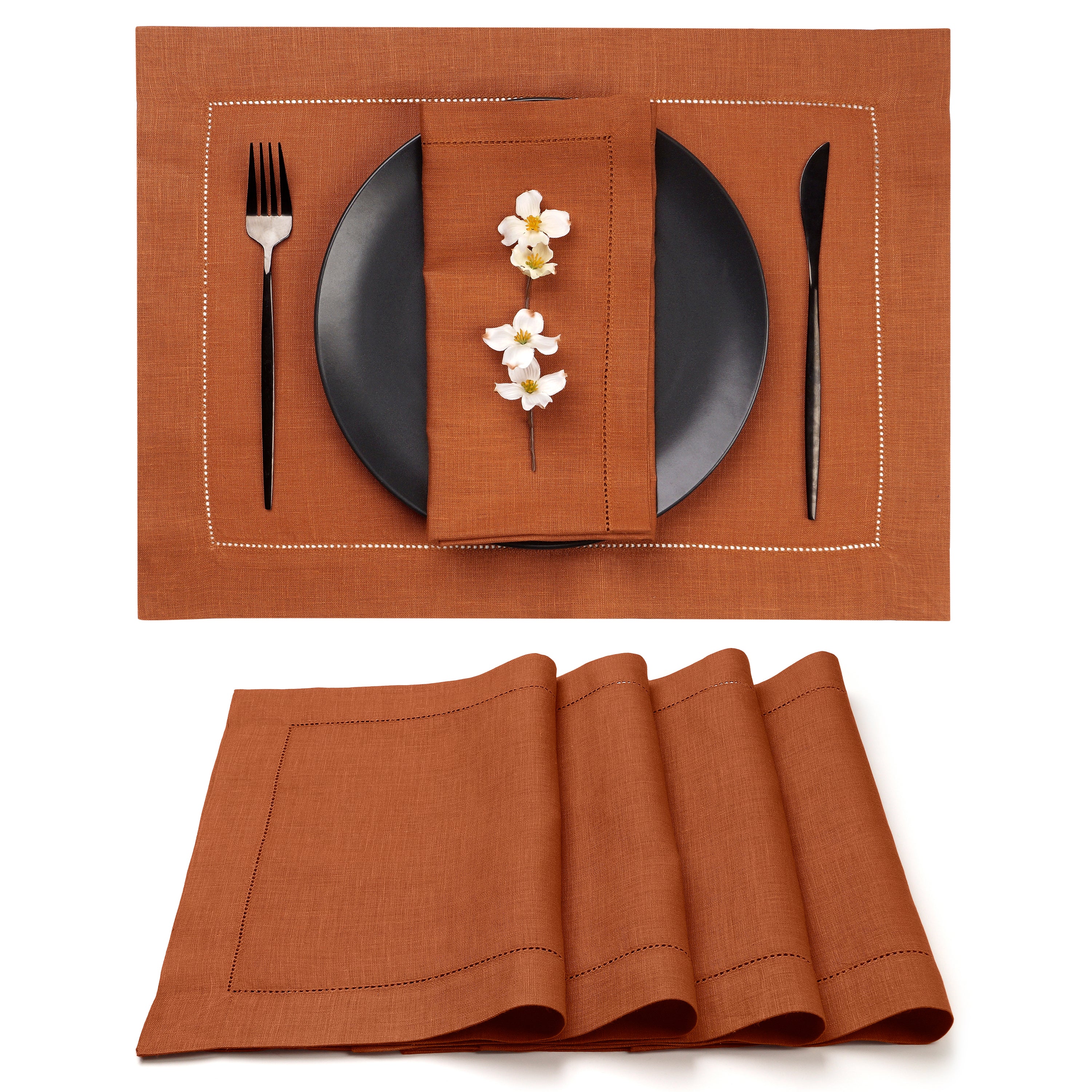 Rust Linen Placemats, Hemstitch, 14 x 19 inch, 4 pcs