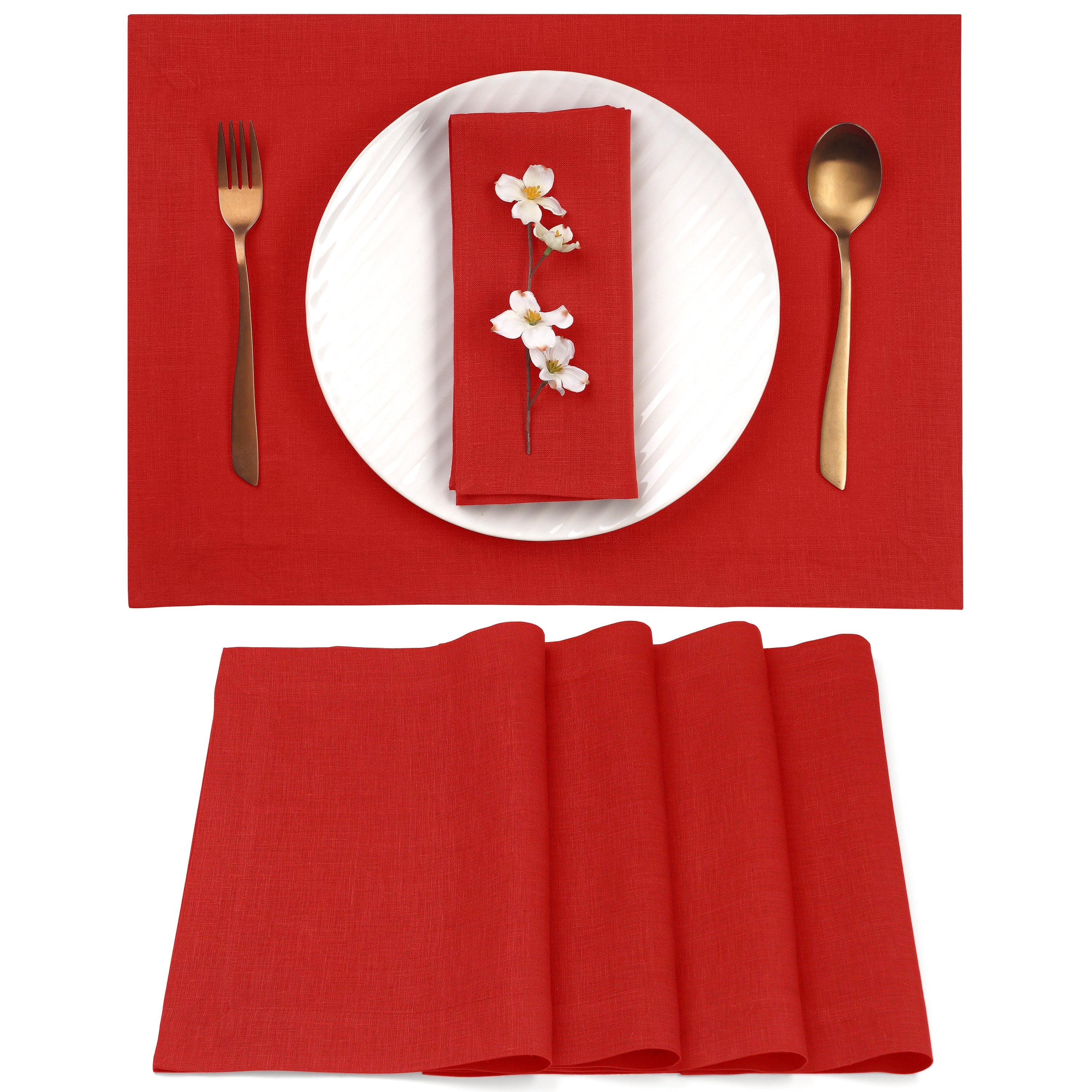 Bright Red Linen Placemats, Hemmed, 14 x 19 inch, 4 pcs