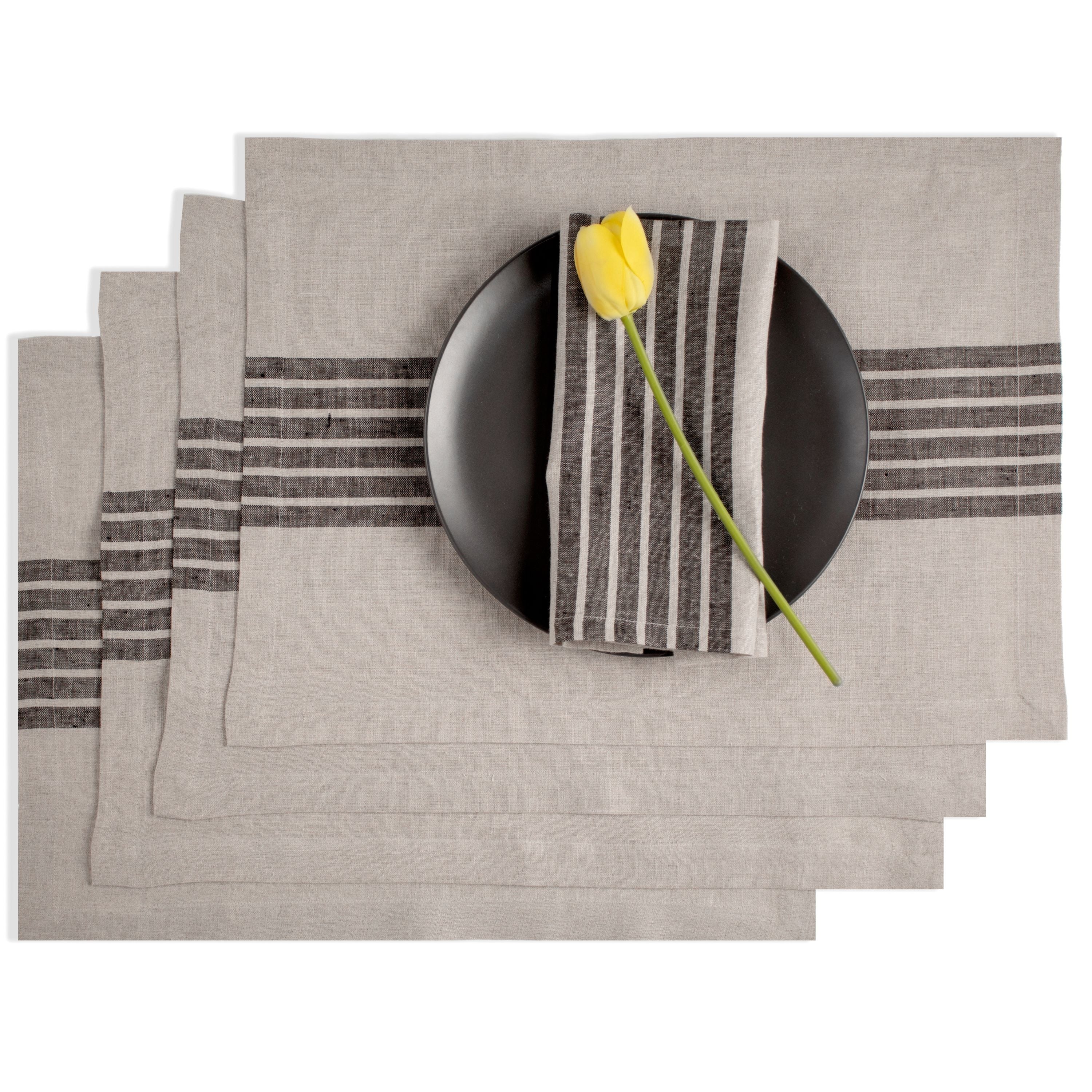 Natural and Black Linen Placemats, Farmhouse, 14 x 19 inch, 4 pcs