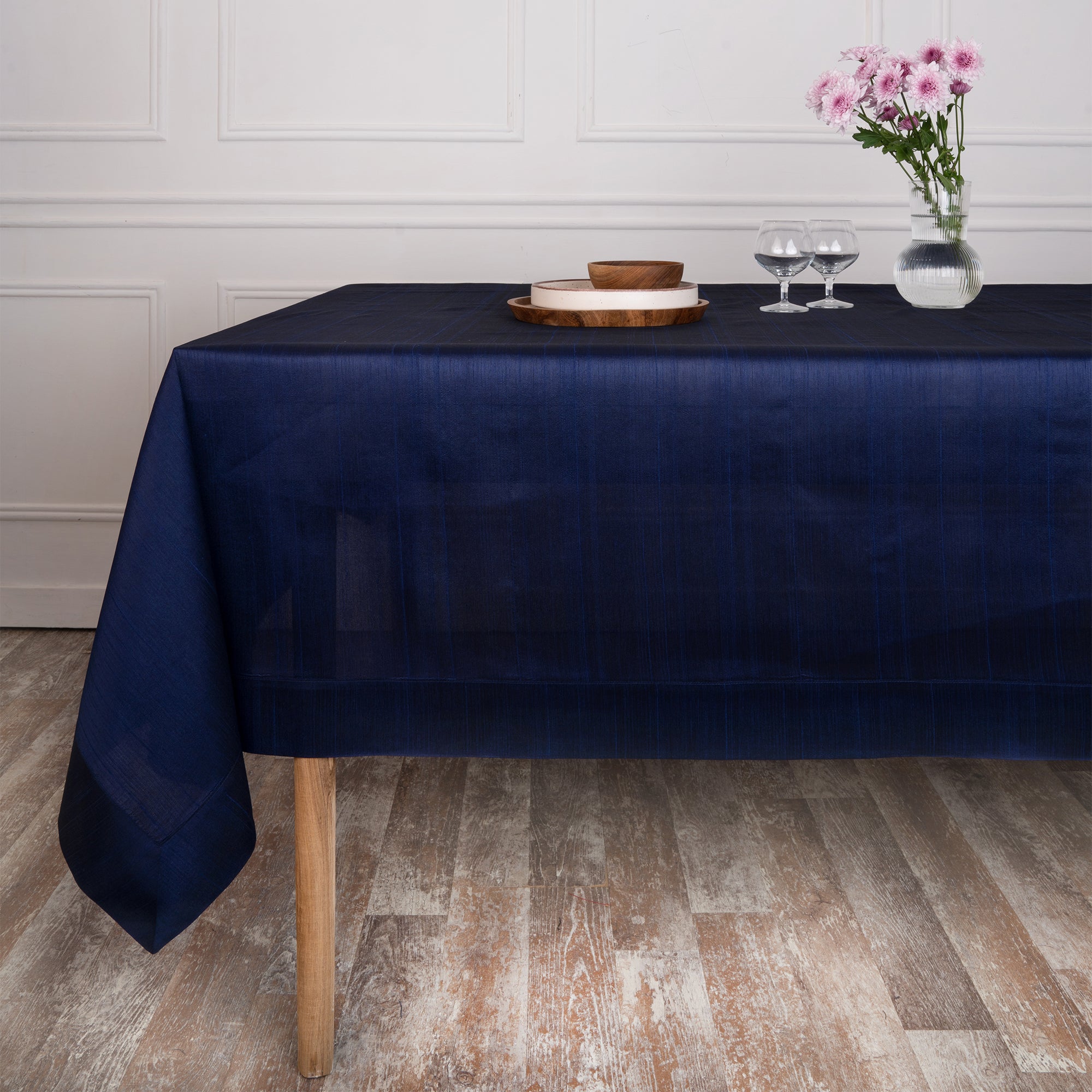 Navy Blue Vegan Silk Tablecloth, Mitered Corner