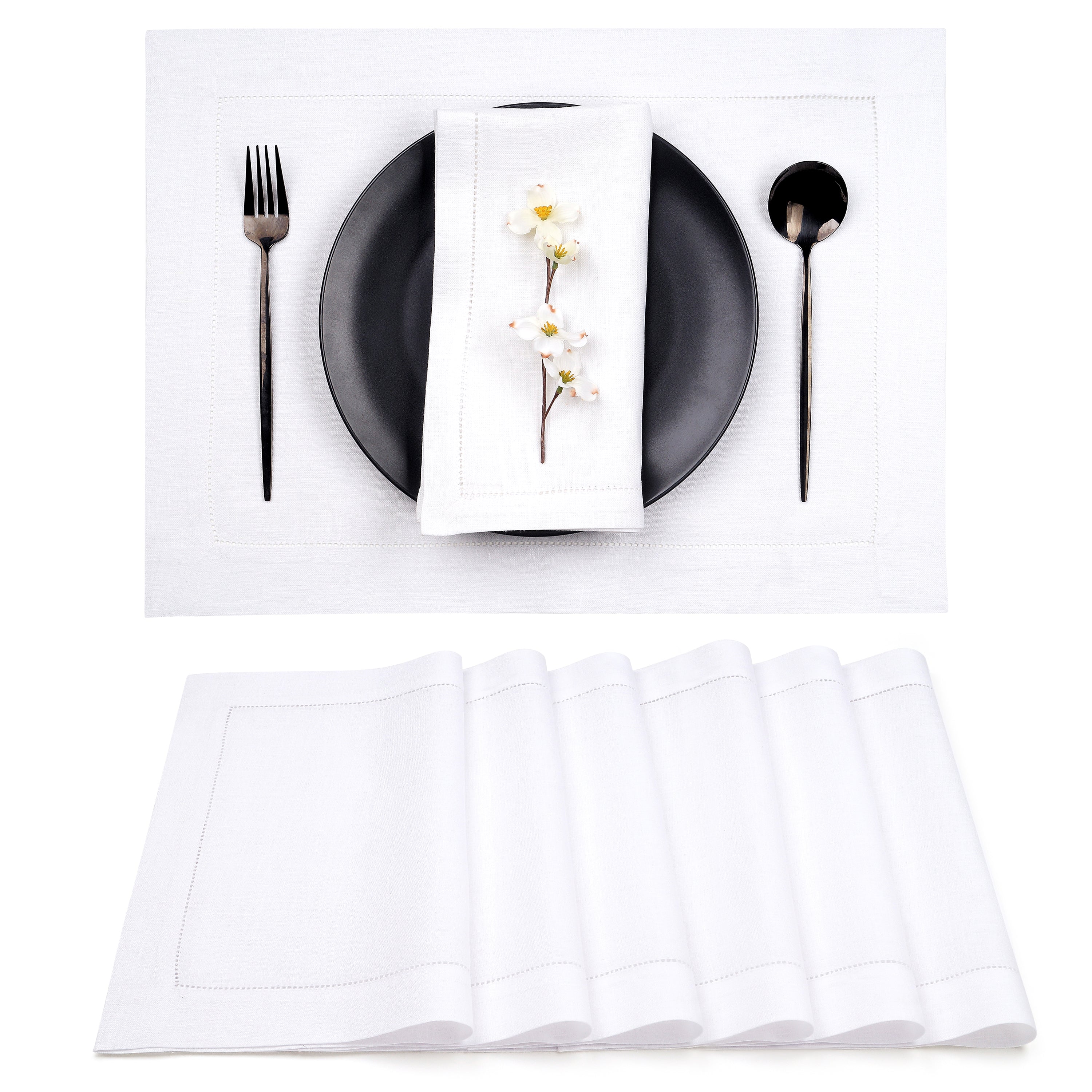 White Linen Placemats, Hemstitch, 14 x 19 inch, 6 pcs