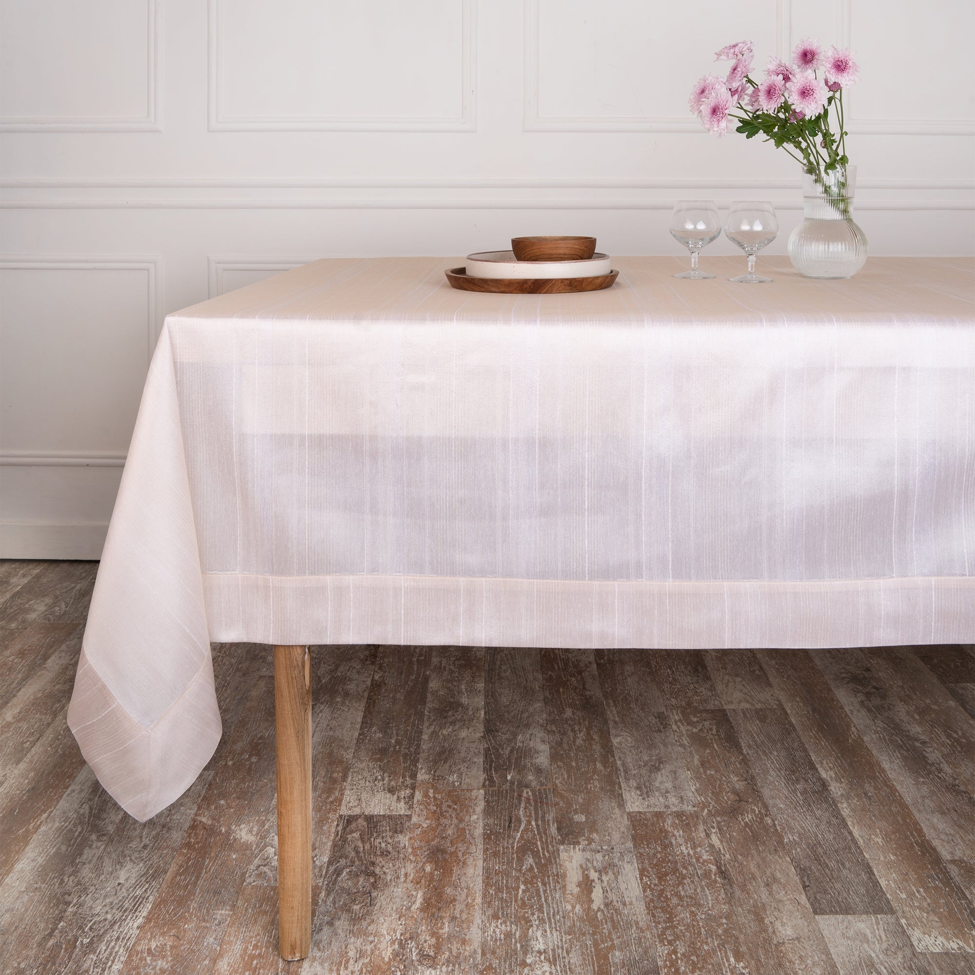 Light Natural Vegan Silk Tablecloth, Mitered Corner