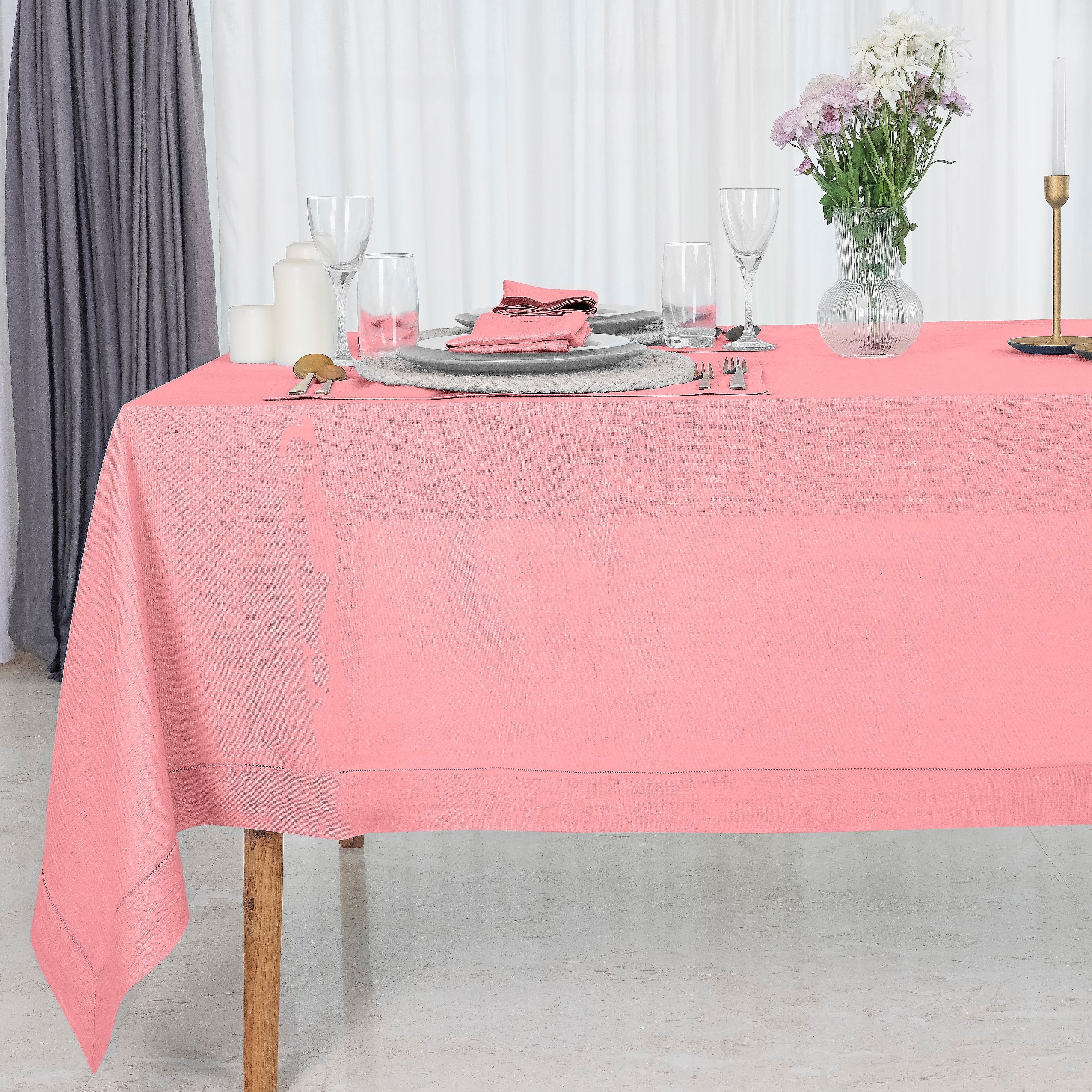 Dusty Pink Linen Tablecloth, Hemstitch