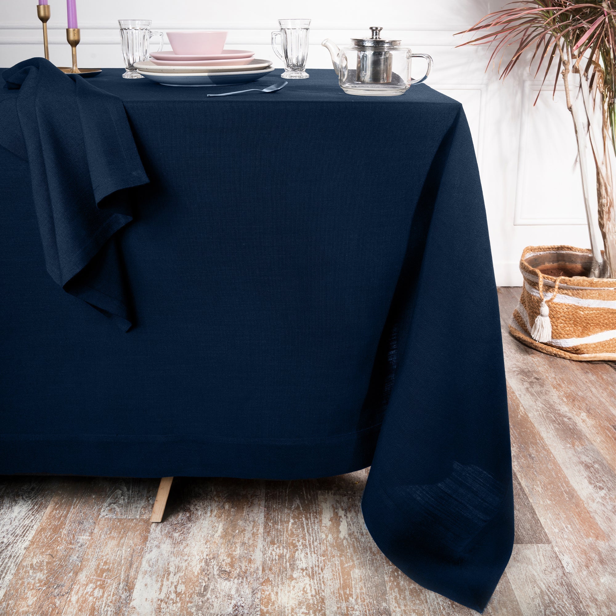 Navy Blue Tablecloth, Faux Linen, Mitered Corner