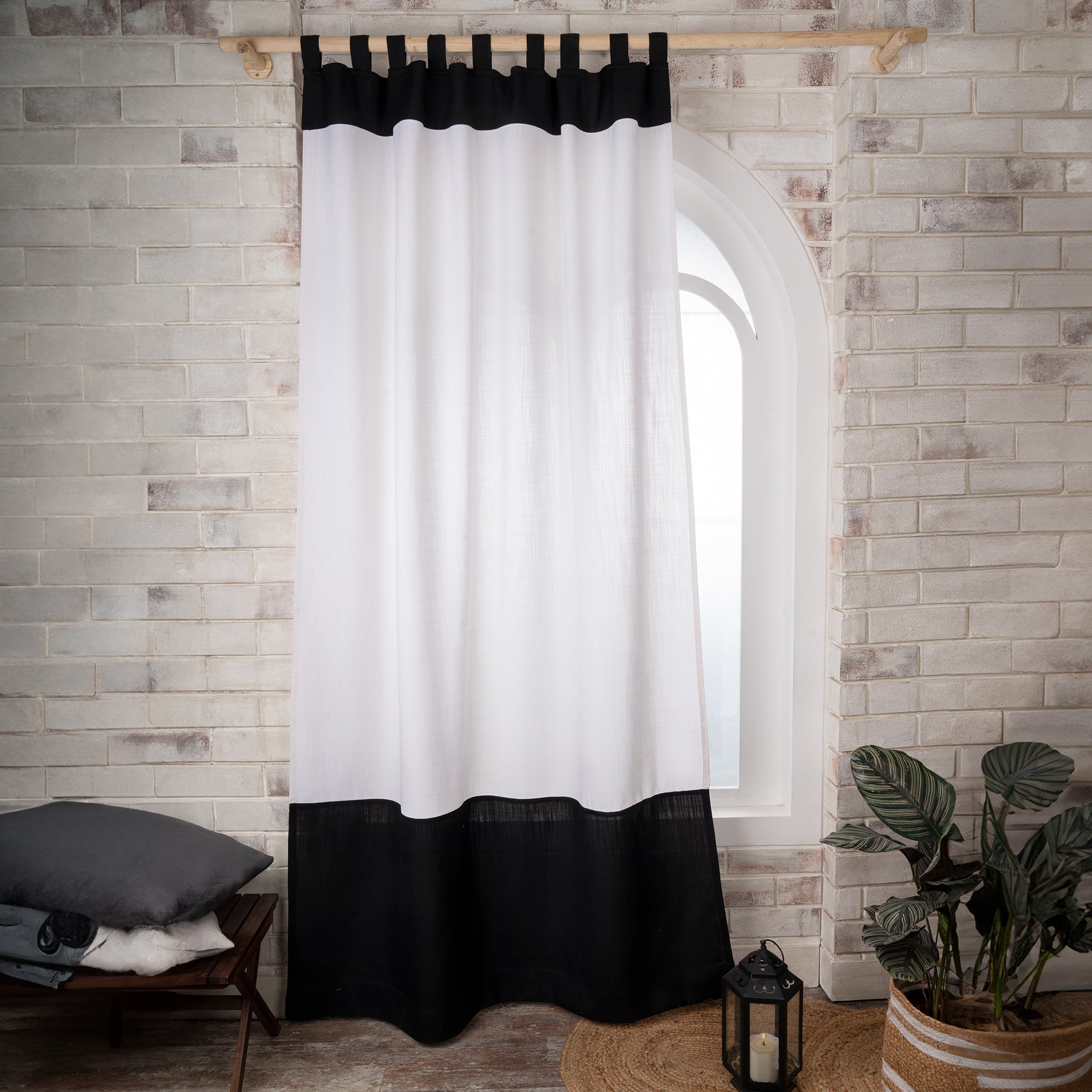 White and Black Faux Linen Color Block Curtain